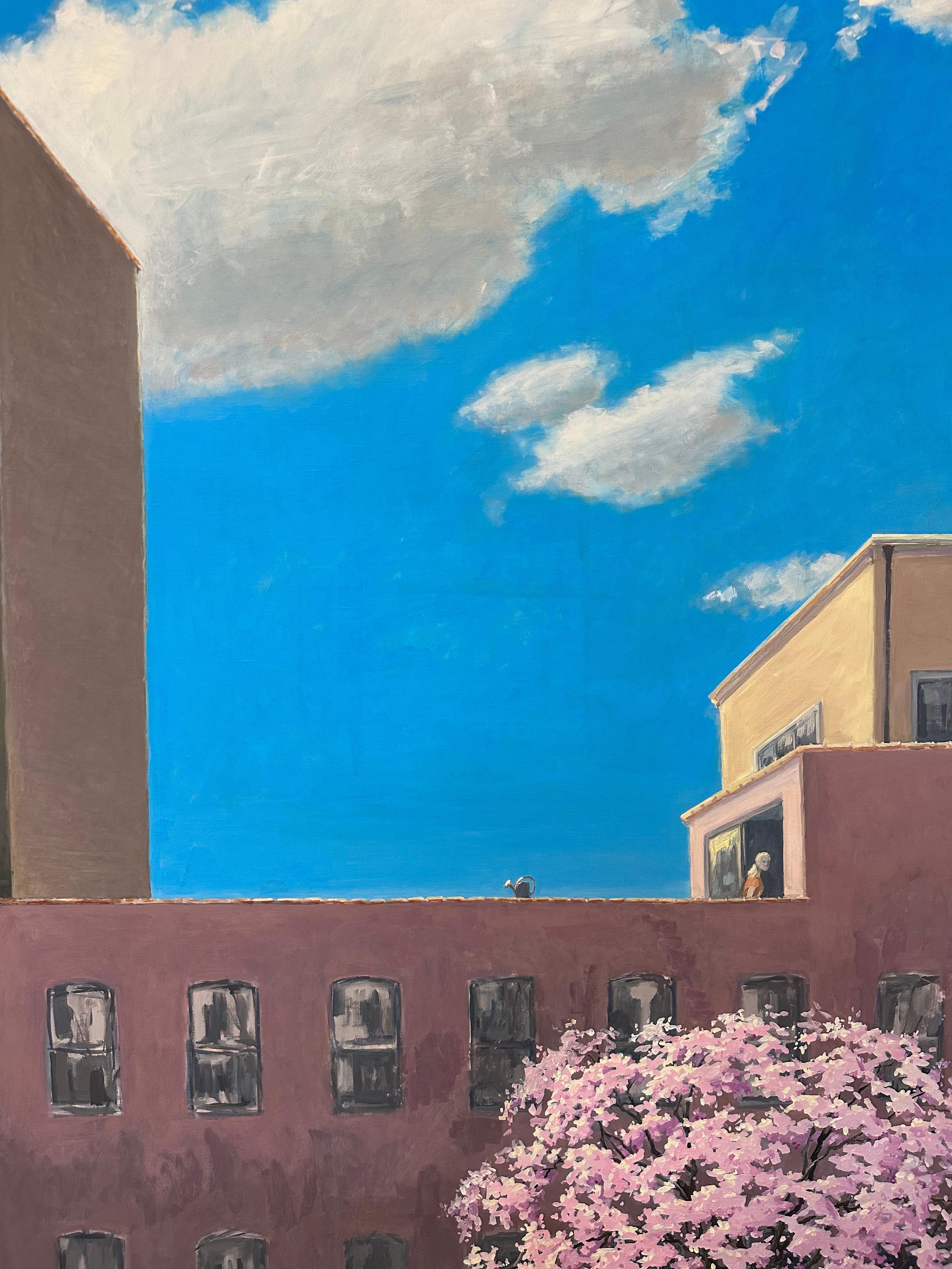 Spring in the City, Kirschblütenblüten, Gebäude, blauer Himmel Stadtlandschaft (Zeitgenössisch), Painting, von KK Kozik