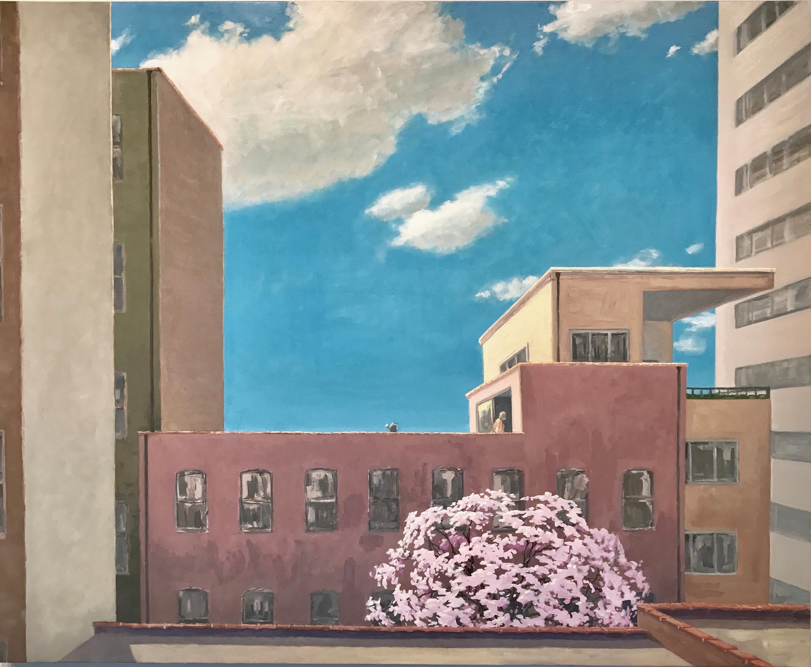 KK Kozik Landscape Painting – Spring in the City, Kirschblütenblüten, Gebäude, blauer Himmel Stadtlandschaft