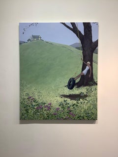 Tire Swing, Vertical Landscape in Green, Blue, Brown with Woman, Tree, Flowers