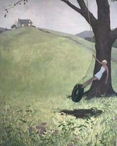 Tire Swing, Vertical Landscape in Green, Blue, Brown with Woman, Tree, Flowers