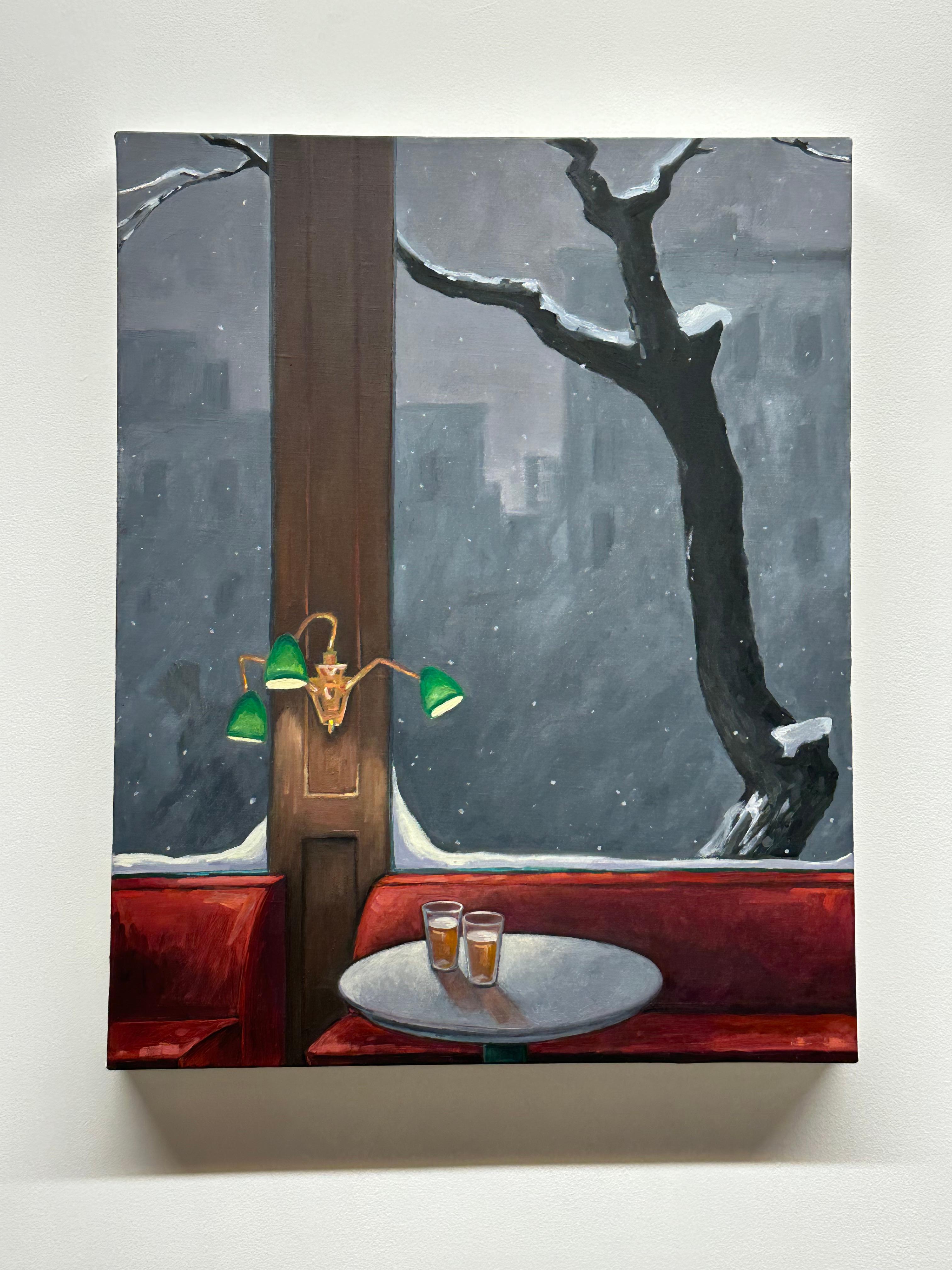 Two Beers, Green Lamps, Dark Red, Glasses, Snow Outside, Winter Bar Still Life - Painting by KK Kozik