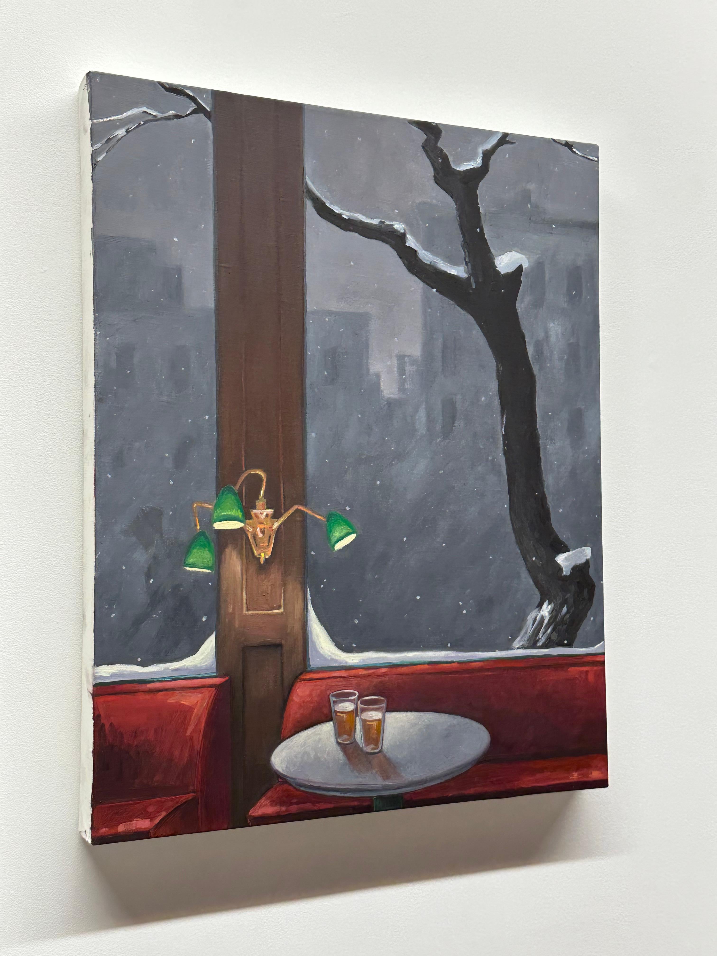Two Beers, Green Lamps, Dark Red, Glasses, Snow Outside, Winter Bar Still Life - Contemporary Painting by KK Kozik