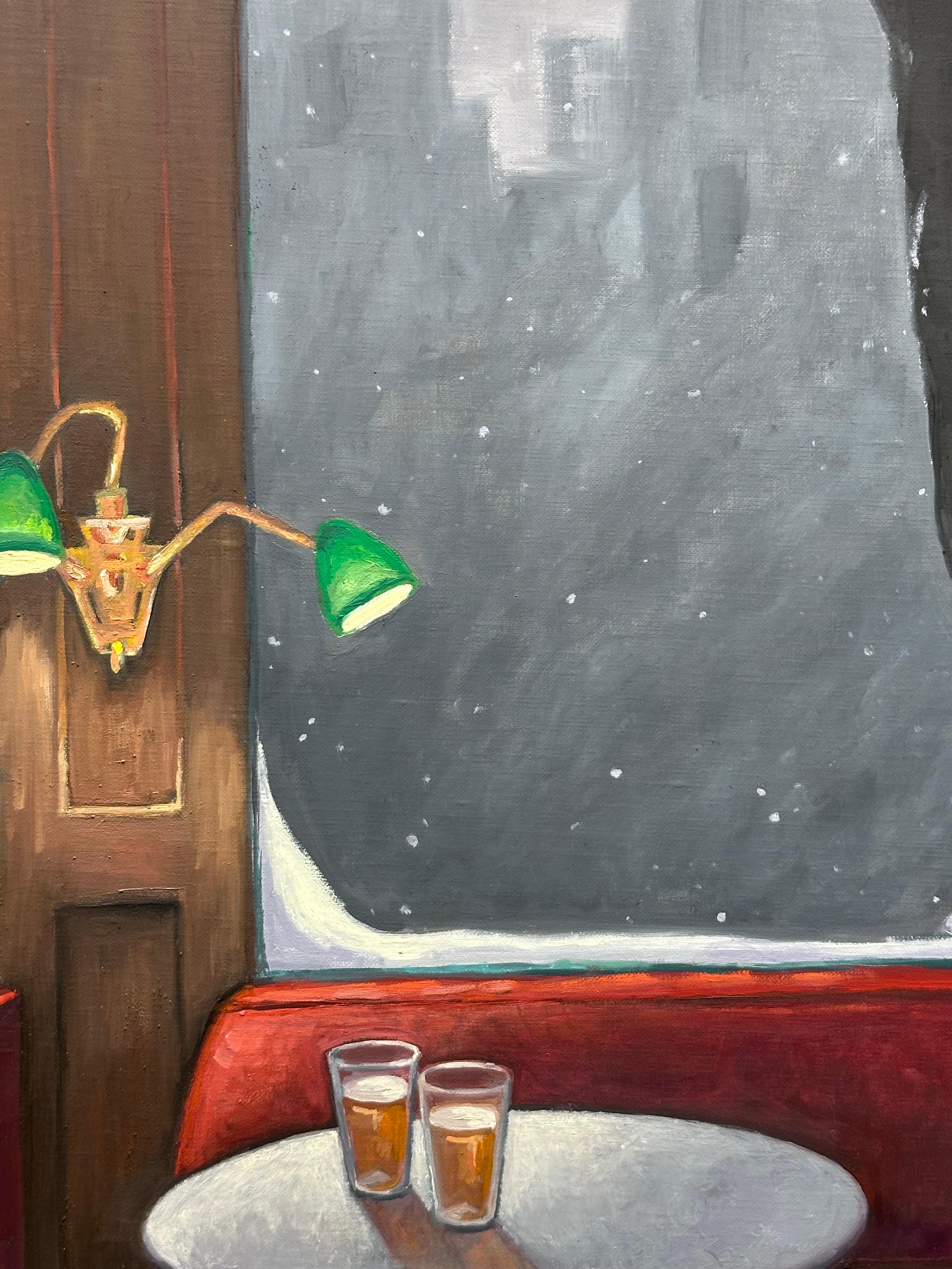 Two Beers, Green Lamps, Dark Red, Glasses, Snow Outside, Winter Bar Still Life For Sale 1