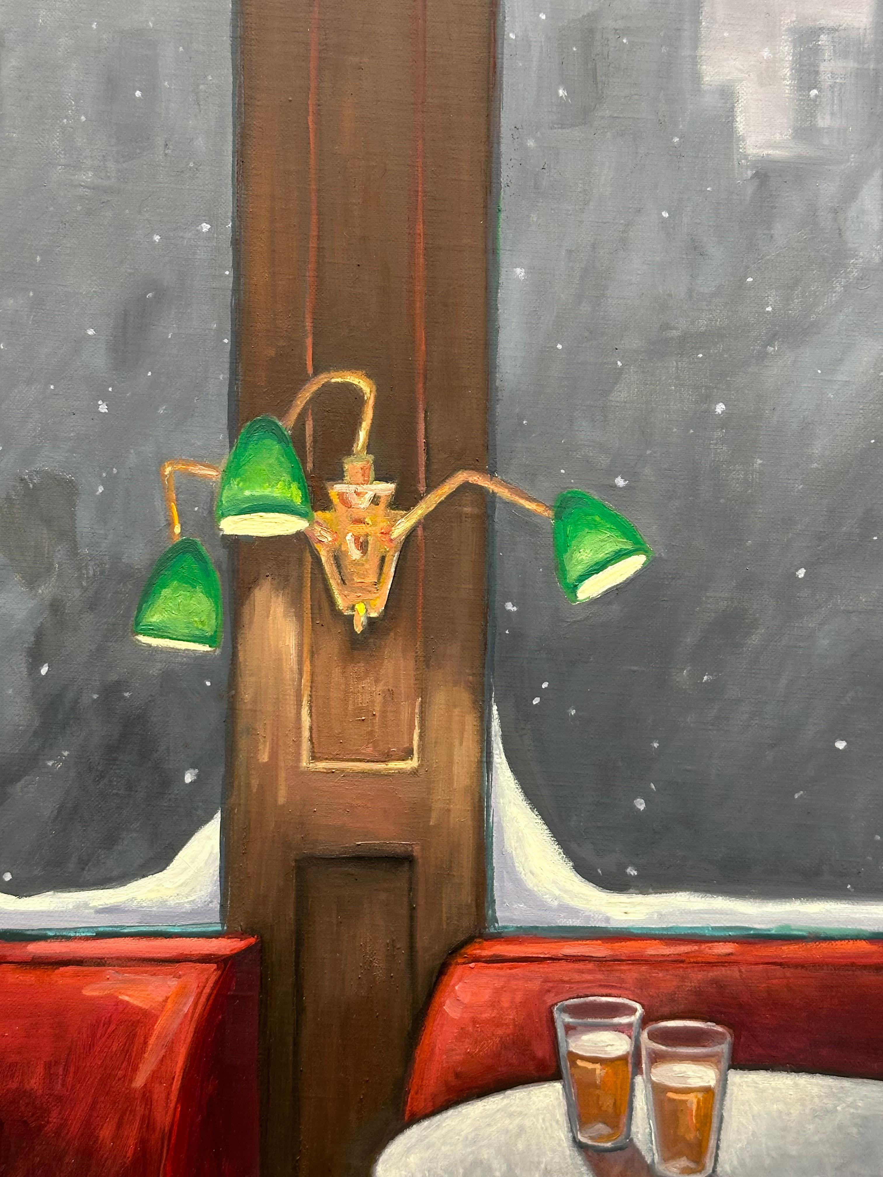 Two Beers, Green Lamps, Dark Red, Glasses, Snow Outside, Winter Bar Still Life For Sale 4