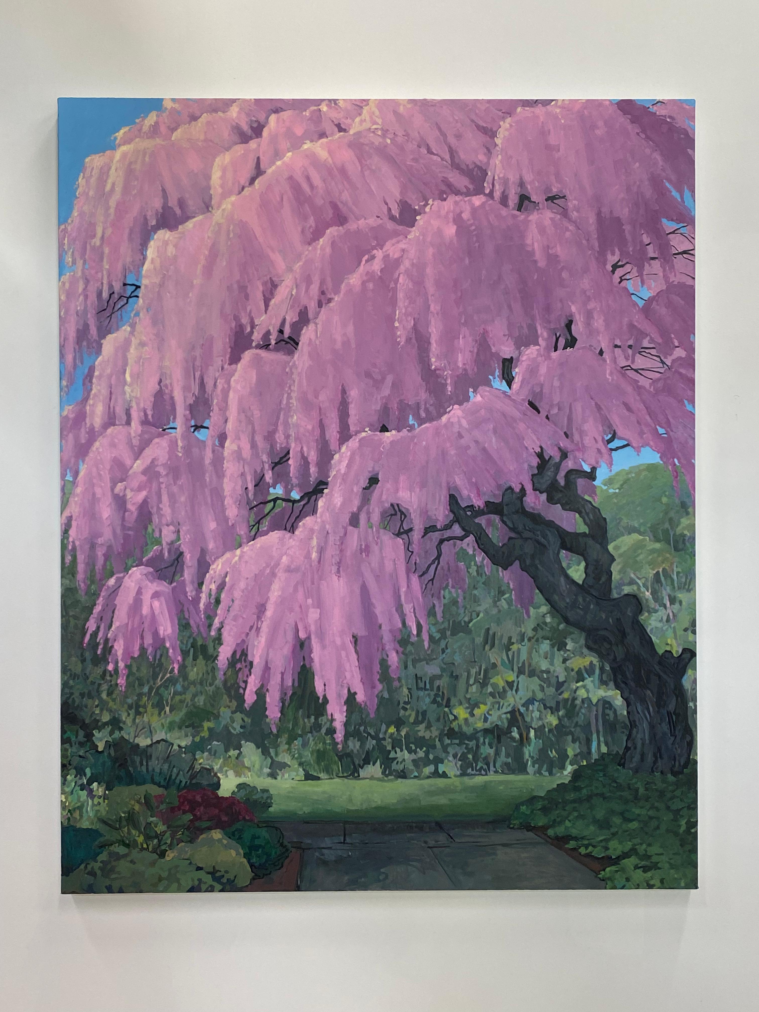 Weeping Cherry, Cherry Blossom Tree, Pink, Blue Sky, Green Park Landscape - Painting by KK Kozik