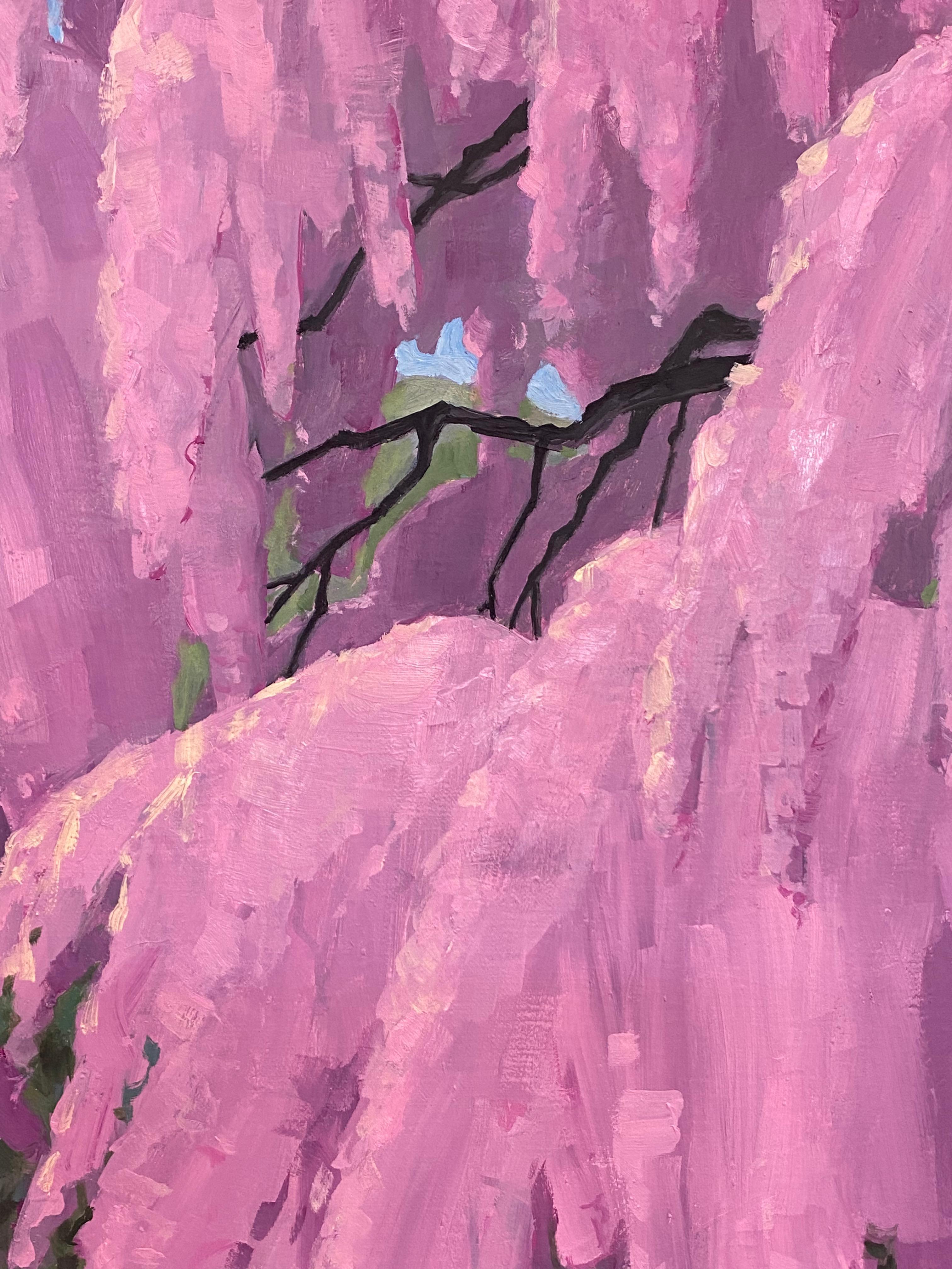 A cheerful pink weeping cherry blossom is in full bloom, its blossoming branches hanging gracefully over a pathway in a verdant park in this peaceful springtime landscape painting by KK Kozik. Signed, dated, and titled on verso.

KK Kozik is a
