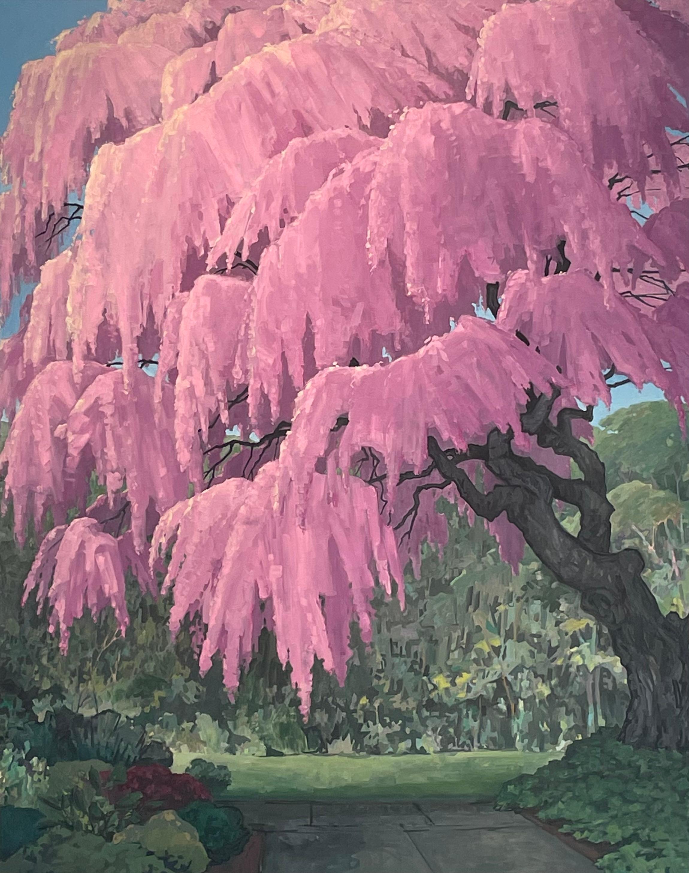 KK Kozik Landscape Painting - Weeping Cherry, Cherry Blossom Tree, Pink, Blue Sky, Green Park Landscape
