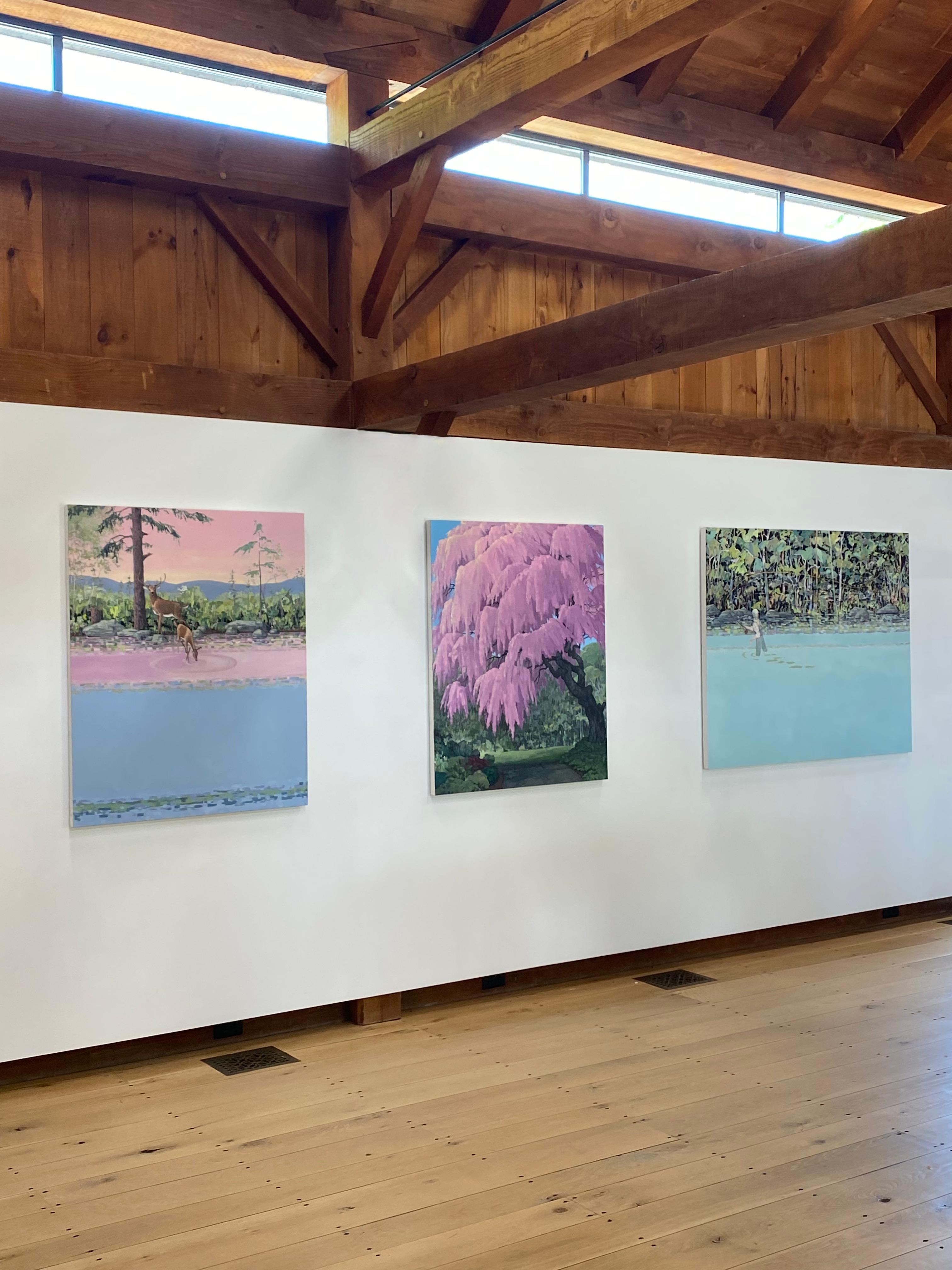 Traubenkirsche - Rosa Kirschblüte Grüne Bäume Parklandschaft, 2022 (Zeitgenössisch), Painting, von KK Kozik