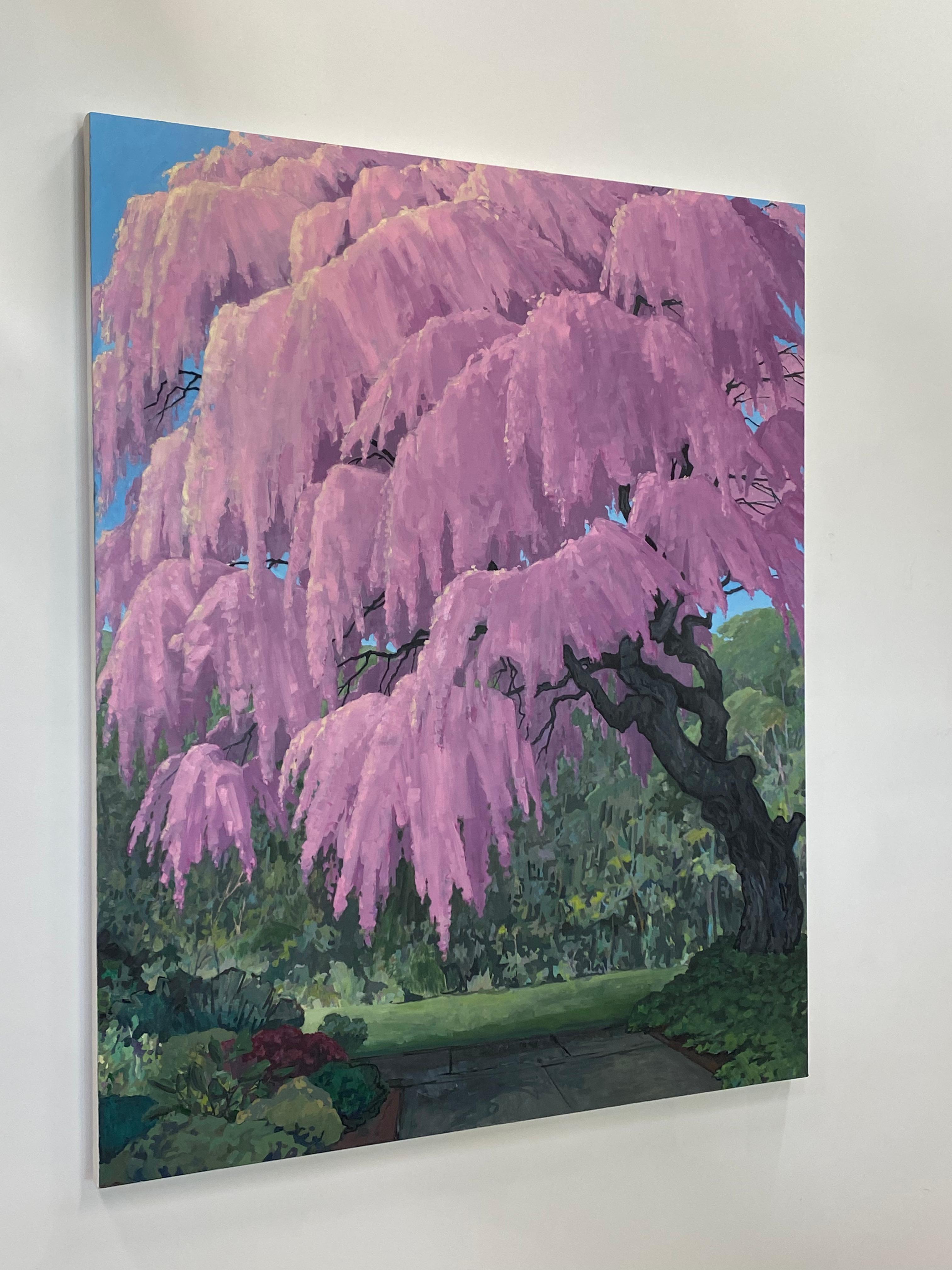 Traubenkirsche - Rosa Kirschblüte Grüne Bäume Parklandschaft, 2022 (Braun), Landscape Painting, von KK Kozik