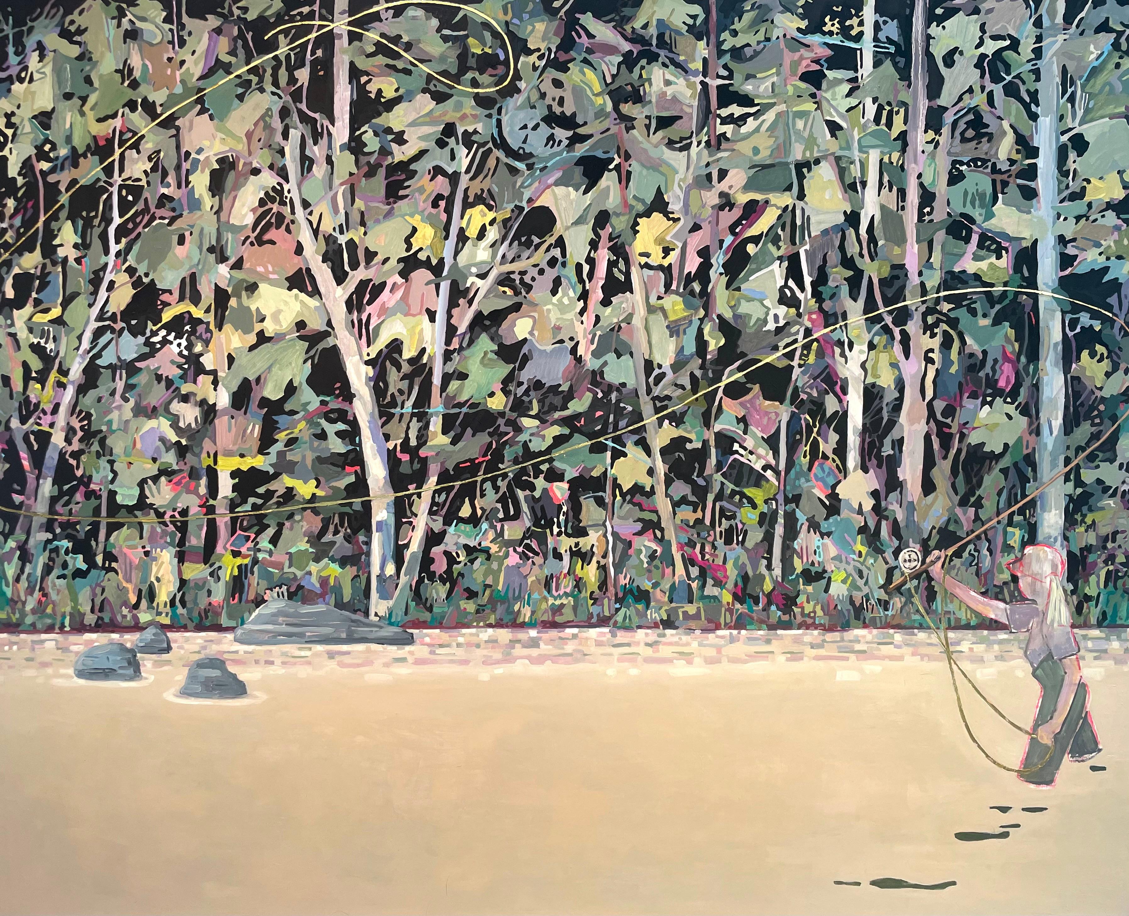 KK Kozik Landscape Painting - White River, Lake Landscape, Figure Fishing in Olive Yellow Water, Beige, Green