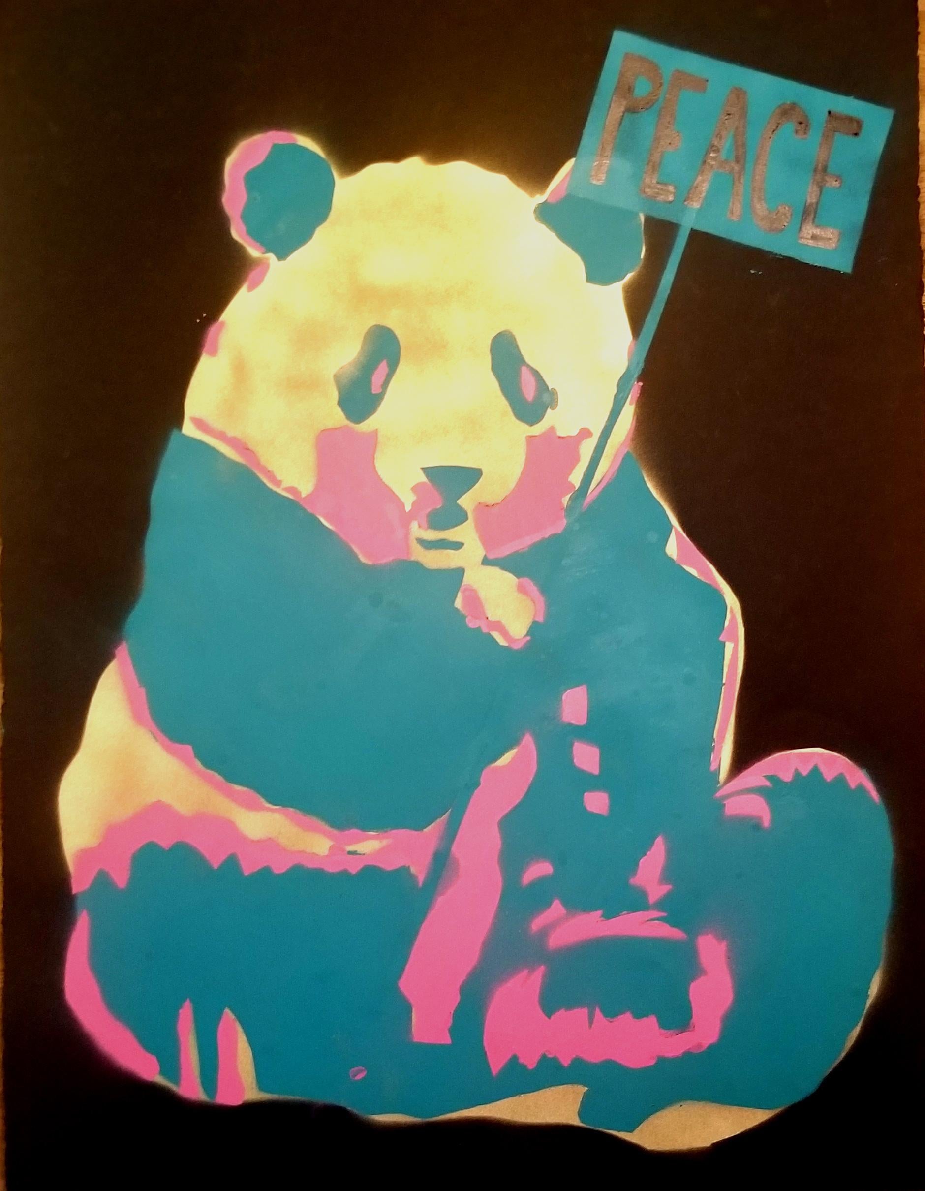 PEACE Panda Bear  - Mixed Media Art by K.K.