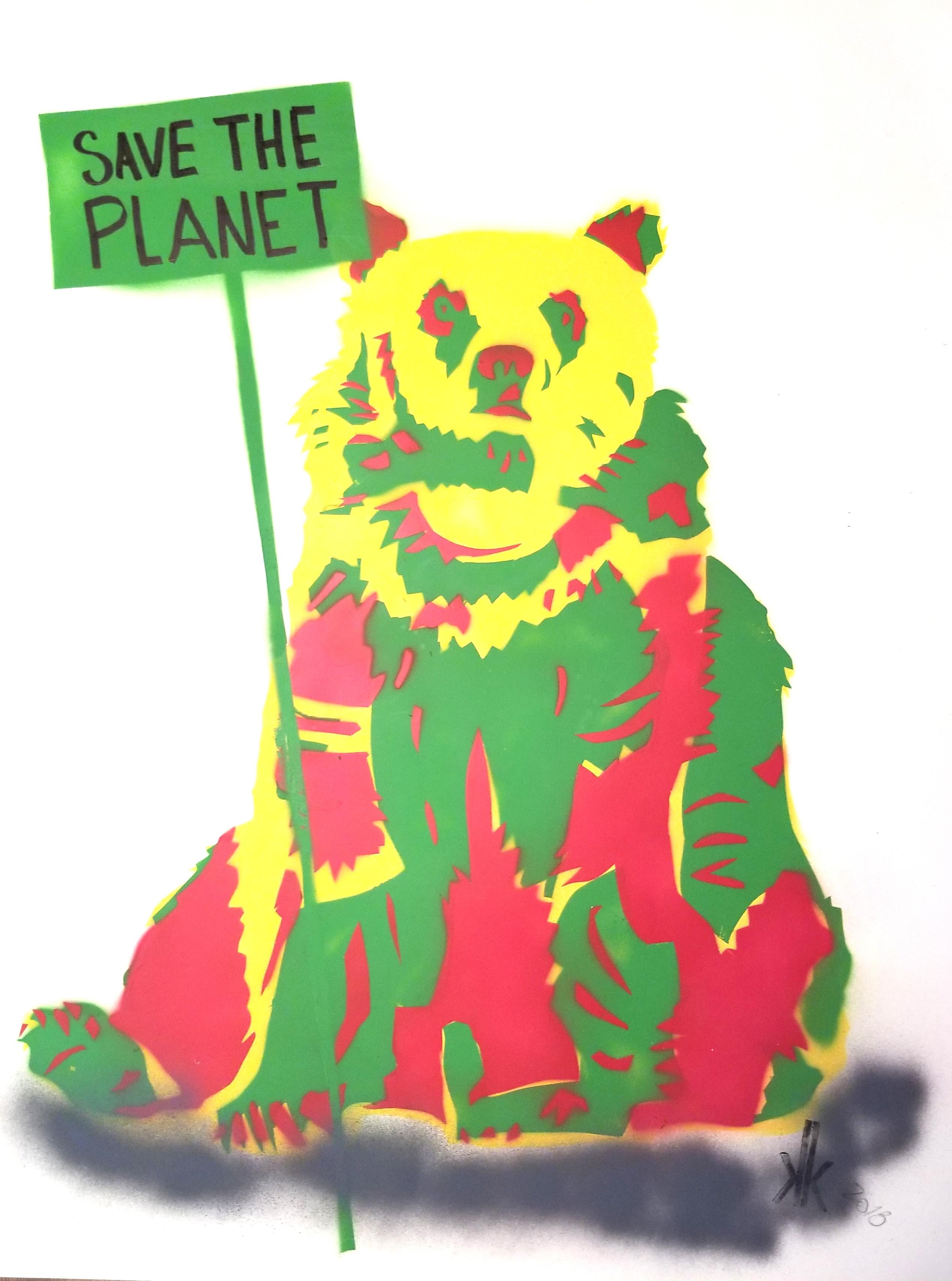 5 Layered Stencil : Red, Green Black
Political Grizzly Bear holding a Save the earth & Peace Signs
Showing other Bears in Series 
Unique pieces
This is on 90lb Paper color: Natural

New York Artist; K.K.
comes rolled in a tube. Can be matted or