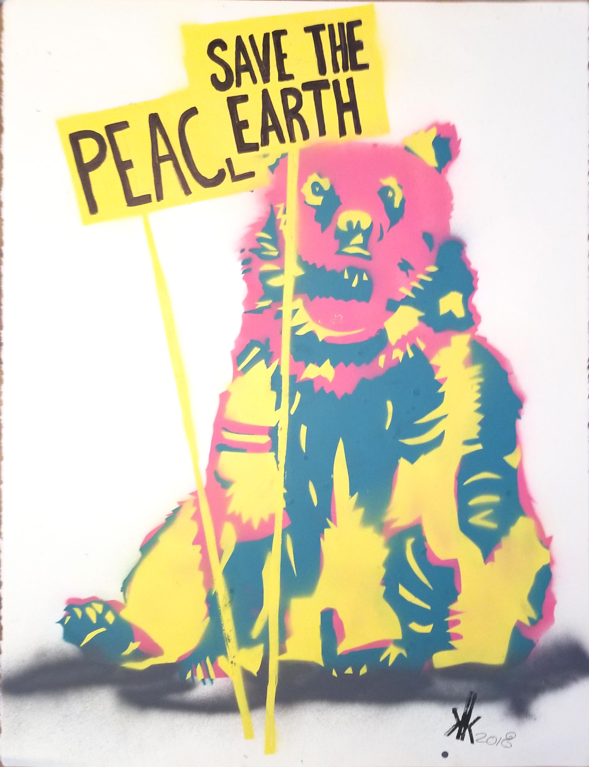 Grizzly Bear: Save The Earth PEACE - Mixed Media Art by K.K.