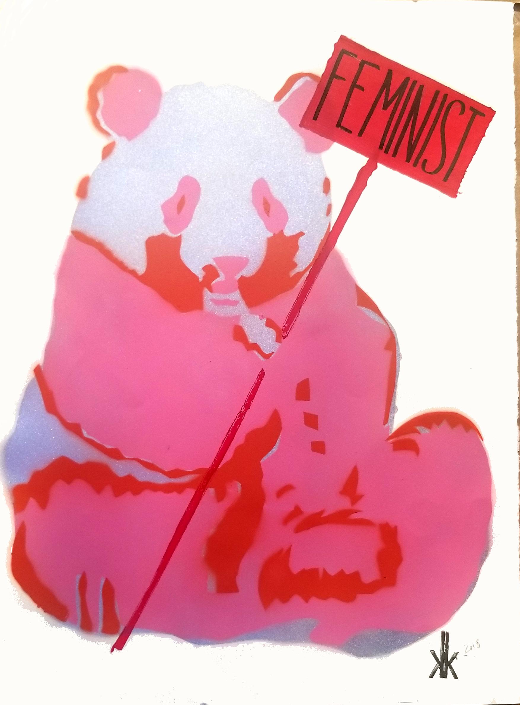 5 layer stencil painting
Panda Bear holding a LOVE ONE ANOTHER sign
Political statements in text
These are NOT prints. Original works on paper,

Comes rolled in a tube
Unique pieces
This is on 90lb Paper color: Natural

New York Artist; K.K.