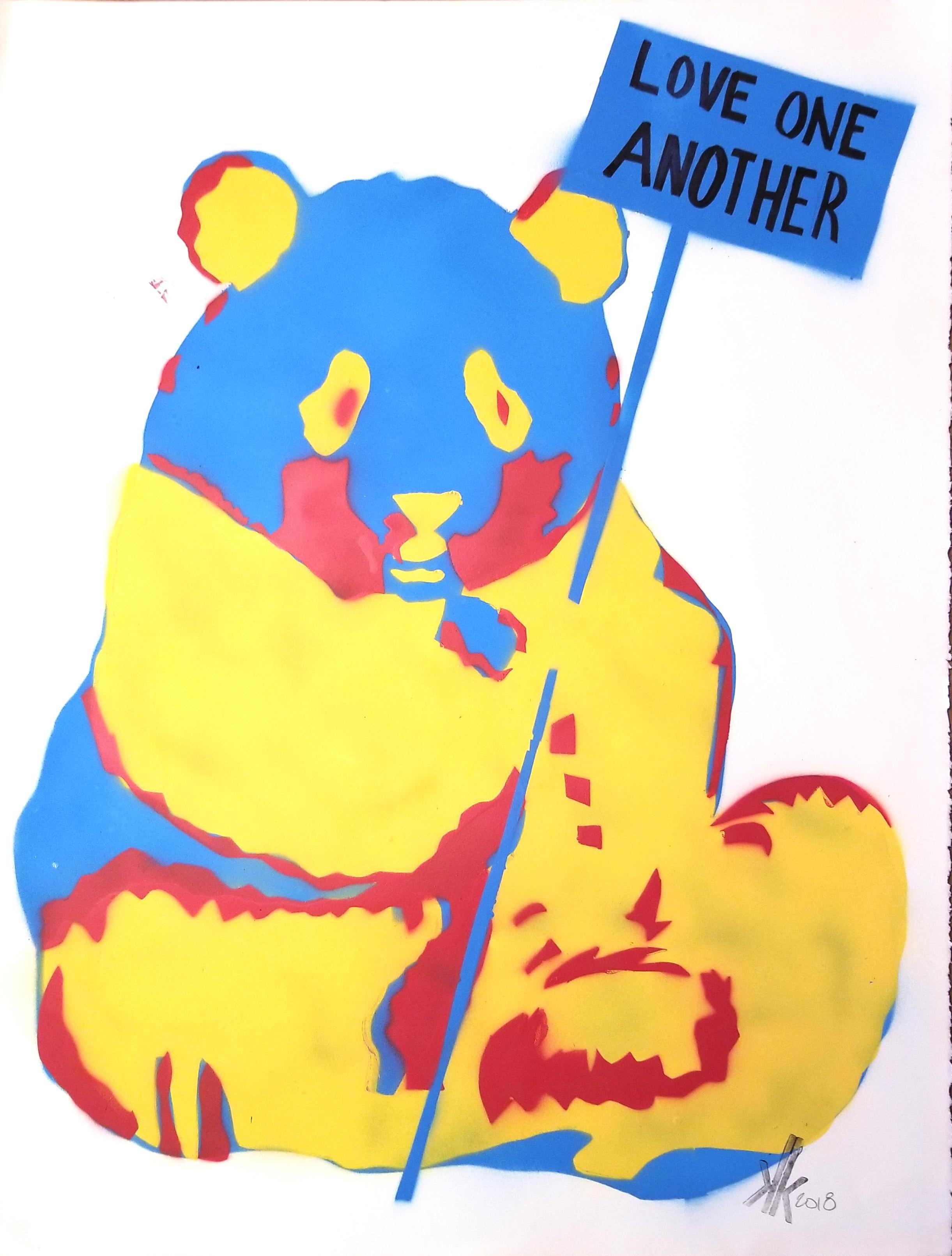 5 Layered Stencil : Red, Yellow, Green
Political Panda Bear hold a HARMONY sign
Showing other  Bears in Series 
Unique pieces
This is on 90lb Paper color: Natural

New York Artist; K.K.
comes rolled in a tube. Can be matted or floated in frame..