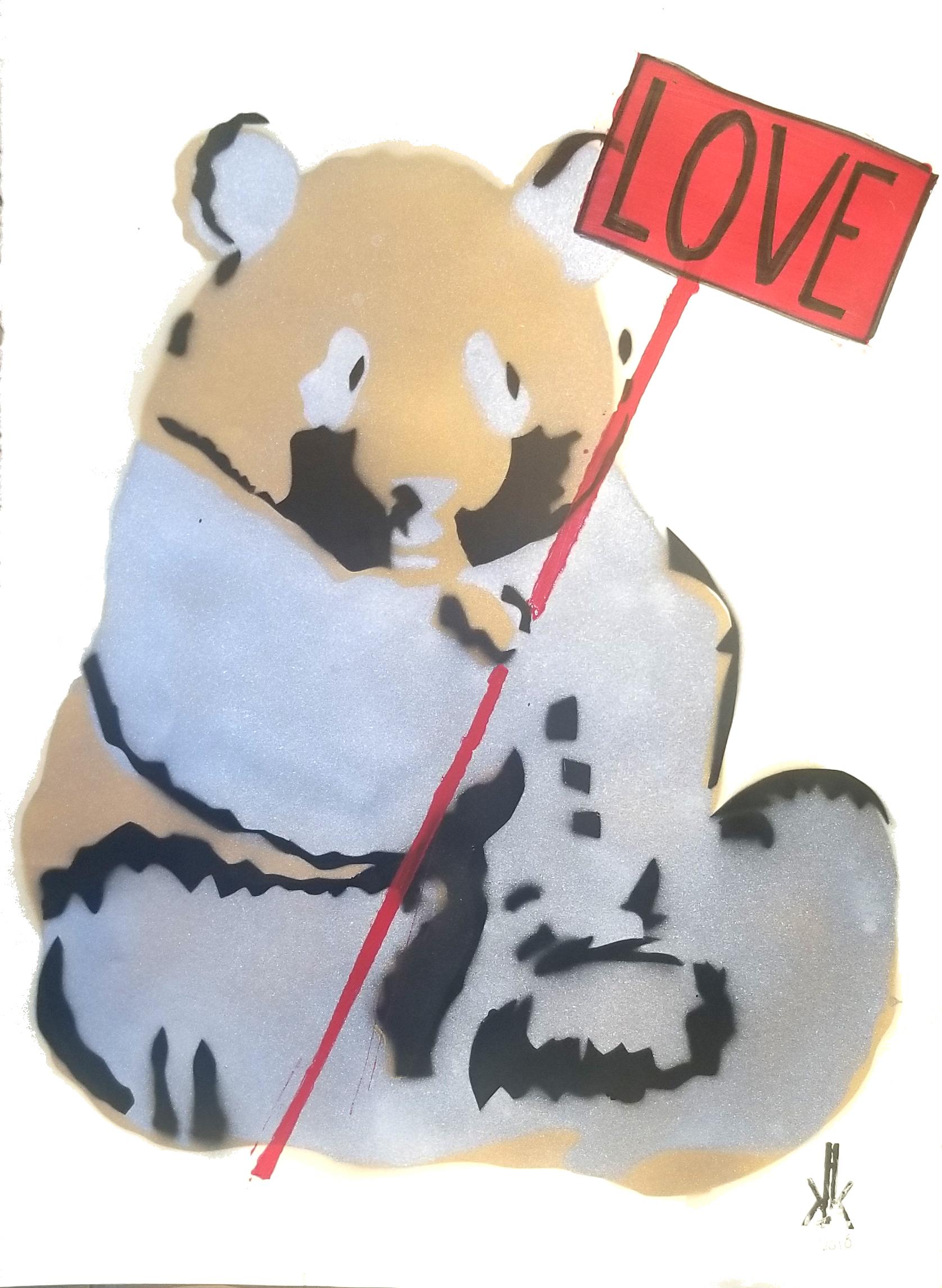 5 Layered Stencil : Red, Yellow, Green
Political Panda Bear hold a HARMONY sign
Showing other  Bears in Series 
Unique pieces
This is on 90lb Paper color: Natural

New York Artist; K.K.
comes rolled in a tube. Can be matted or floated in frame..