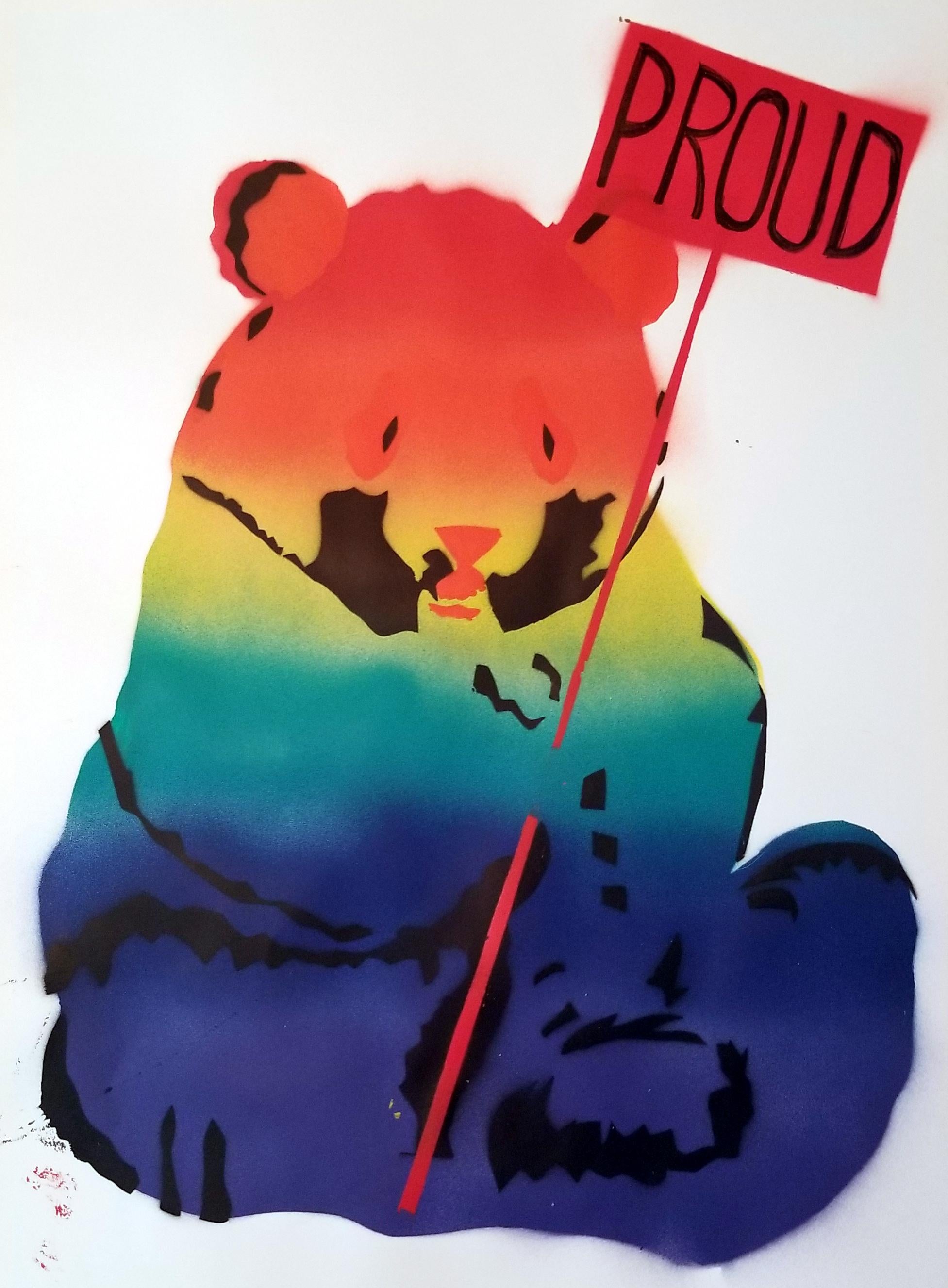 Stencil a 5 strati ( Rosa, Argento, Rosso, Nero )
Un orso panda con in mano un cartello PROUD BEAR
Dichiarazioni politiche nel testo
Queste NON sono stampe. Opere originali su carta,

Viene fornito arrotolato in un tubo
Pezzi unici
Questo è su carta