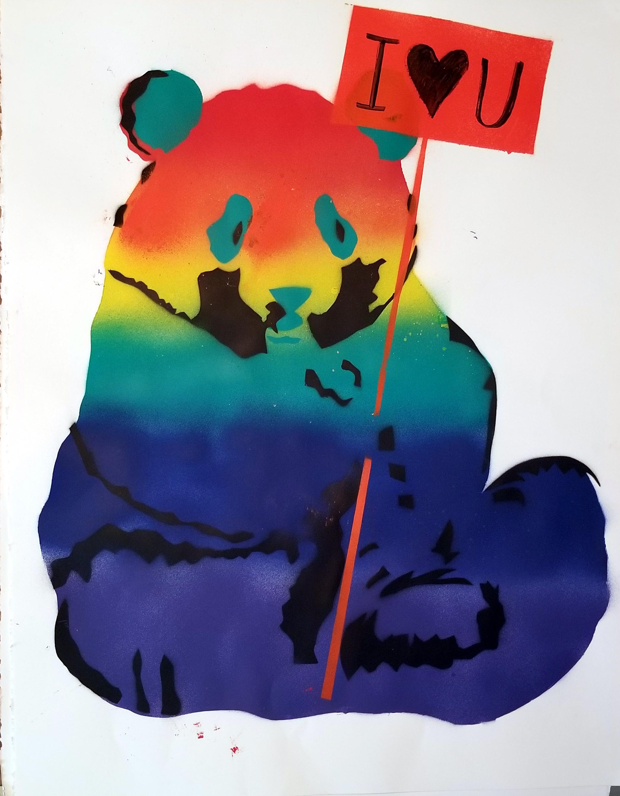 5 layer stencil painting ( Pink, Silver, Red, Black )
Panda Bear holding a PROUD BEAR sign
Political statements in text
These are NOT prints. Original works on paper,

Comes rolled in a tube
Unique pieces
This is on 90lb Paper color: Natural

New