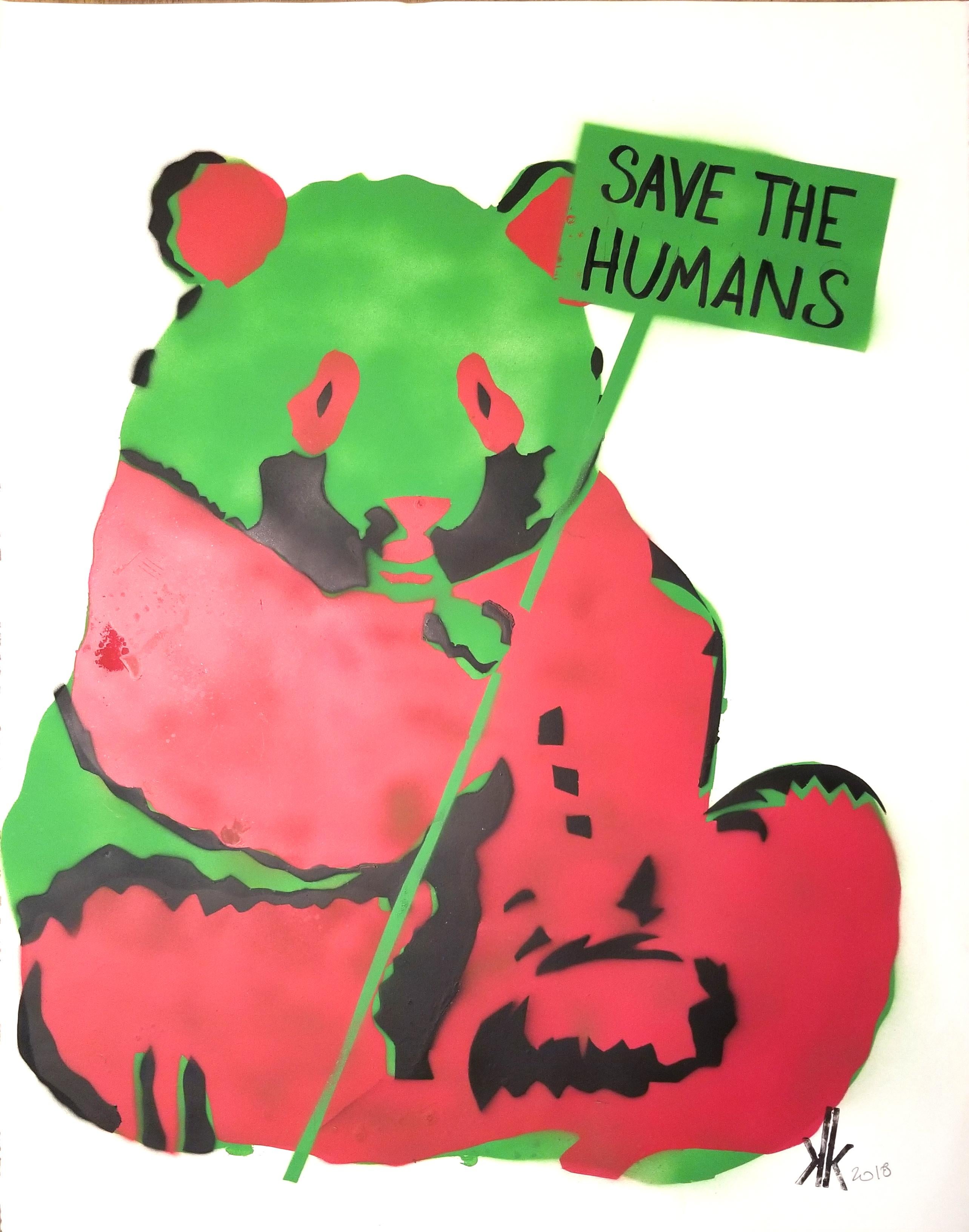 Panda SAVE THE HUMANS - Mixed Media Art by K.K.