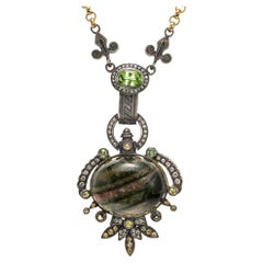 Byzantine Blackened Silver 27 ct Tourmaline Peridot Diamond 18K Gold Pendant