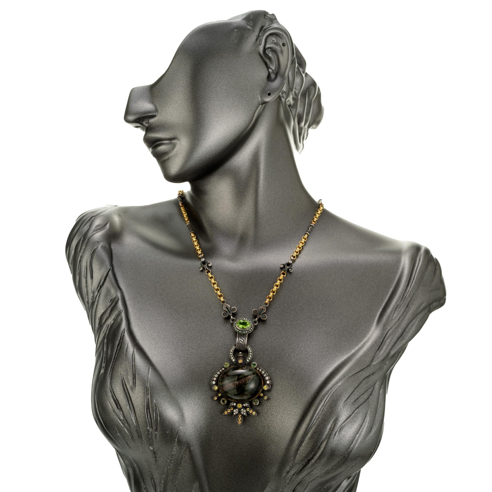 KK Wearable Sculpture Etruscan Tourmaline Diamond Silver Gold Pendant Necklace In Excellent Condition For Sale In Stamford, CT