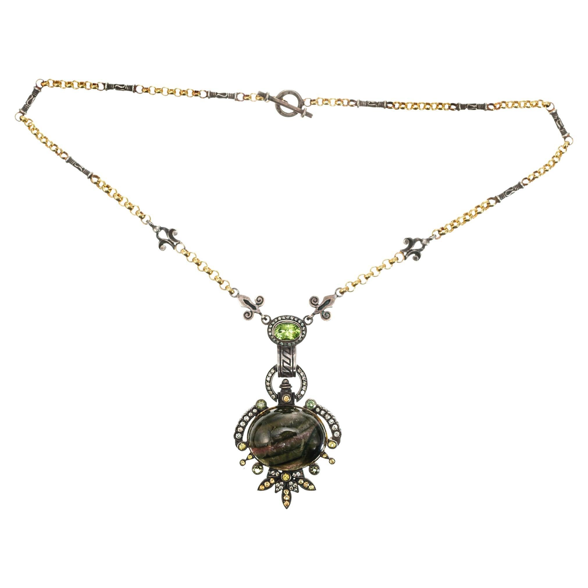 30,60 Karat etruskischer Turmalin Diamant Silber Gelbgold Halskette Anhänger