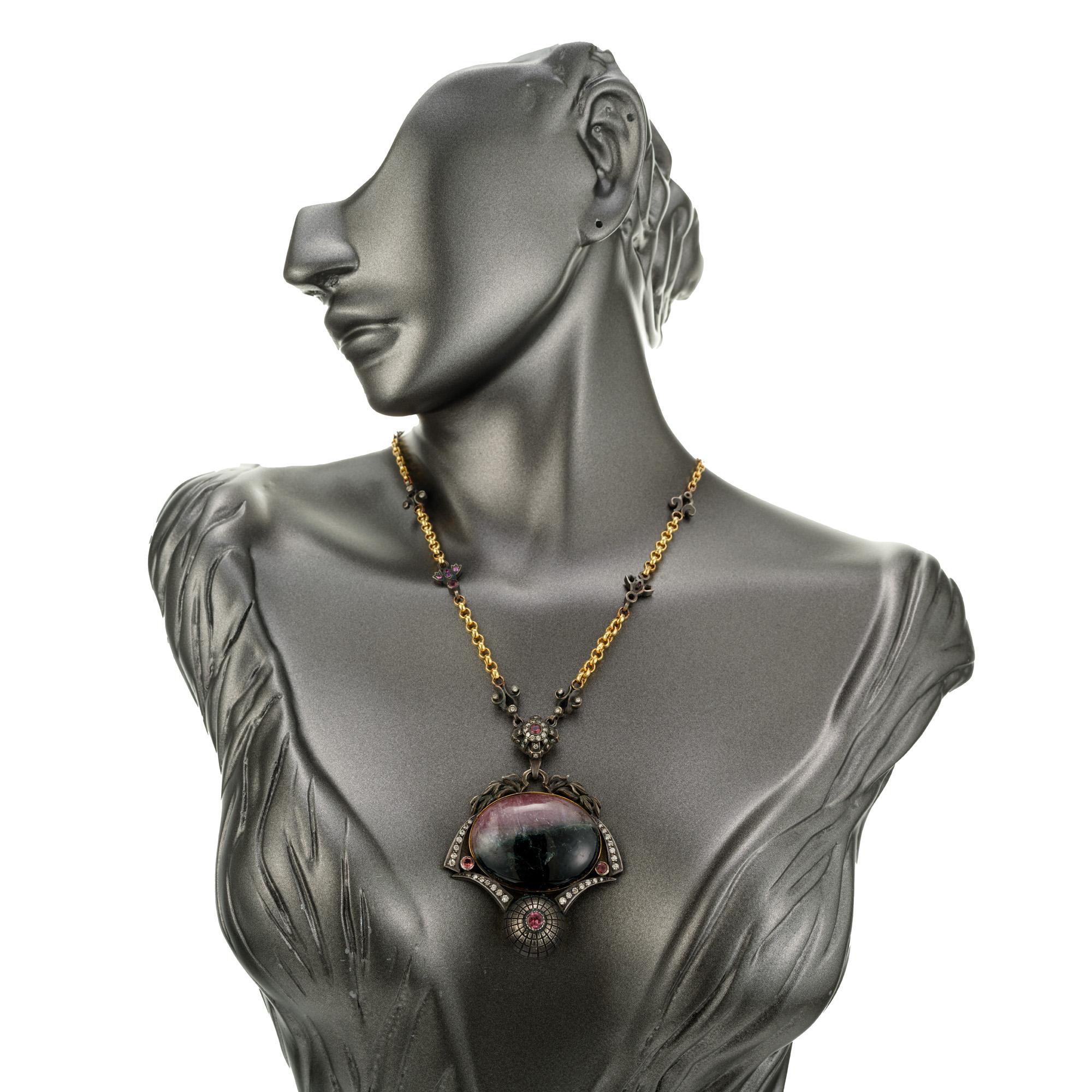 KK Wearable Sculpture Tourmaline Diamond Silver Gold Byzantine Pendant Necklace For Sale 1