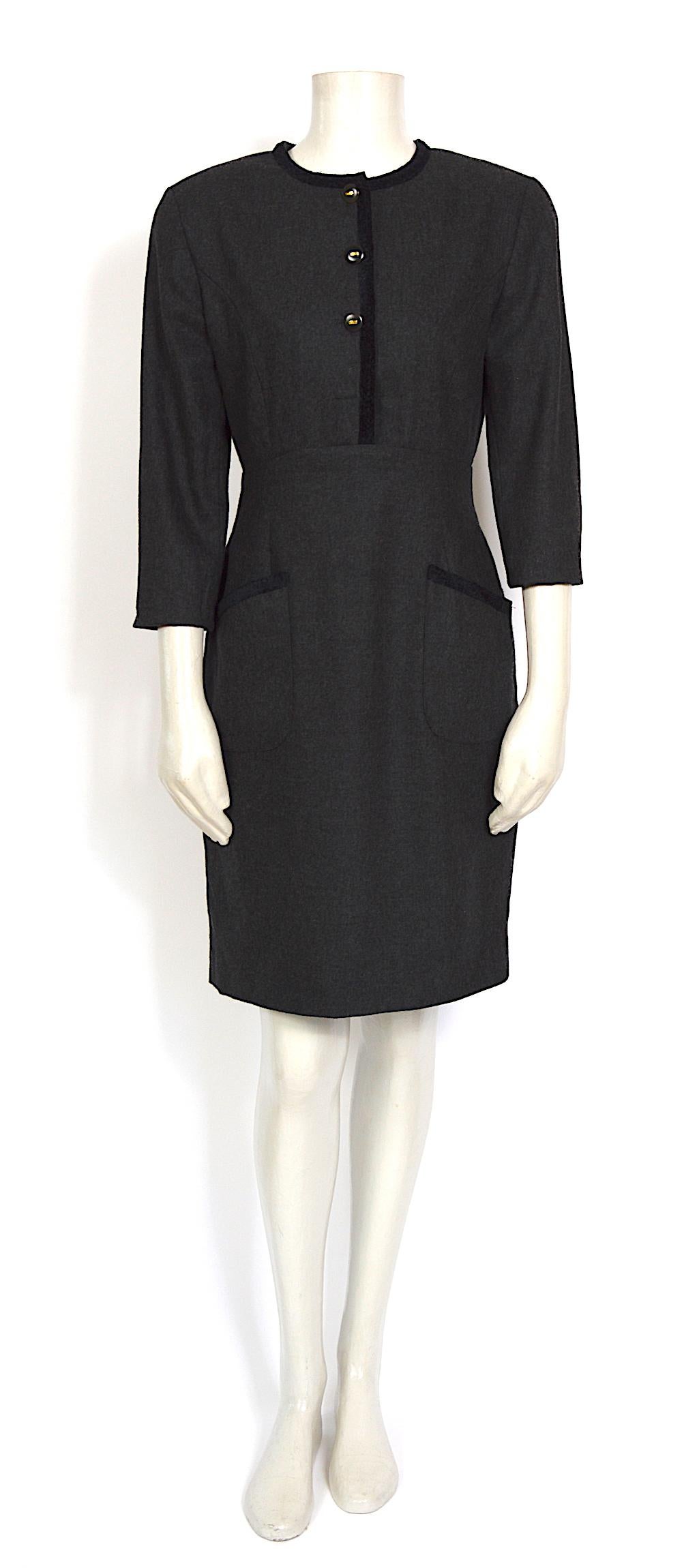 Black KL by Karl Lagerfeld 1980s grey cashmere & wool mix with KL logo buttons dress For Sale