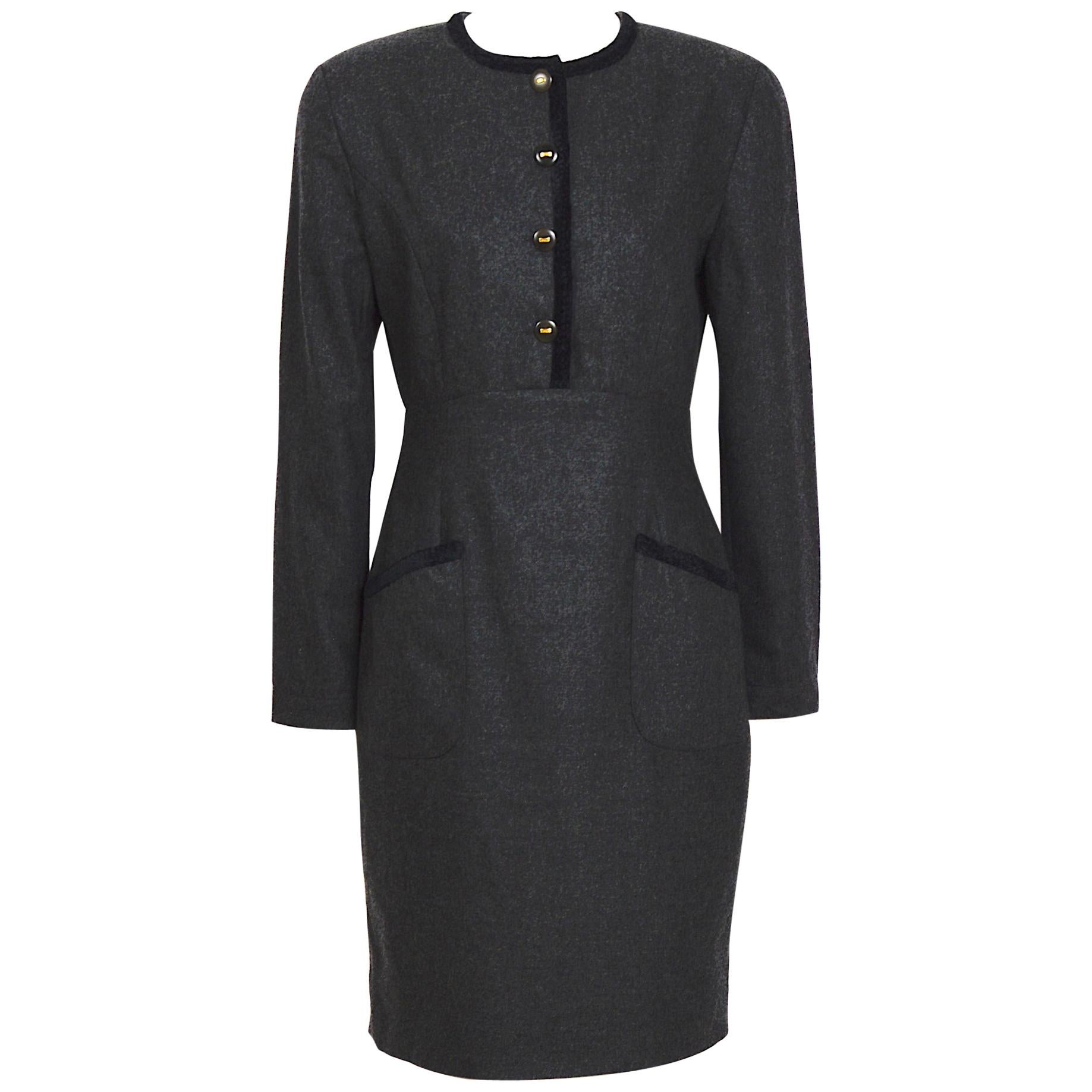 KL by Karl Lagerfeld 1980s grey cashmere & wool mix with KL logo buttons dress For Sale