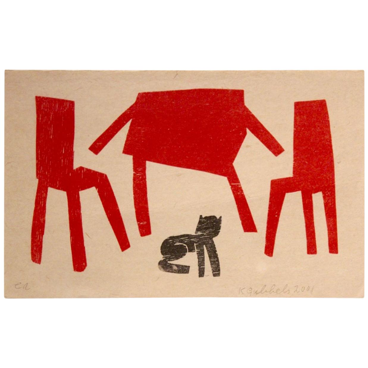 Klaas Gubbels Serigraphy in Black and Red, Hand-Signed and Numbered