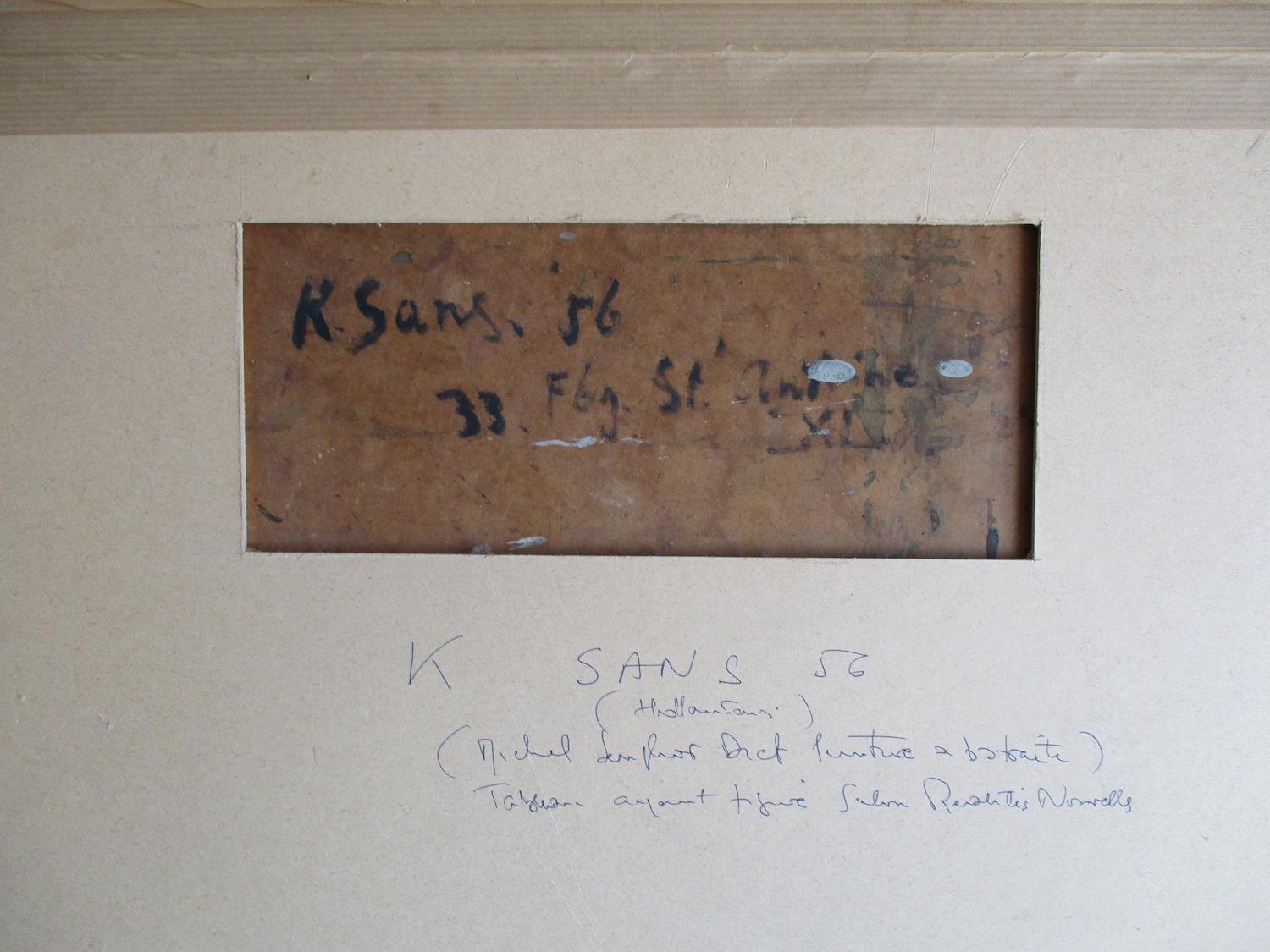 An extraordinary antique abstract oil on board by Klaas Sans. It is signed and dated 1956, bears on the verso the artist's address on Faubourg Saint Antoine in Paris and was - according to a previous owners' note on the back of the frame - exhibited