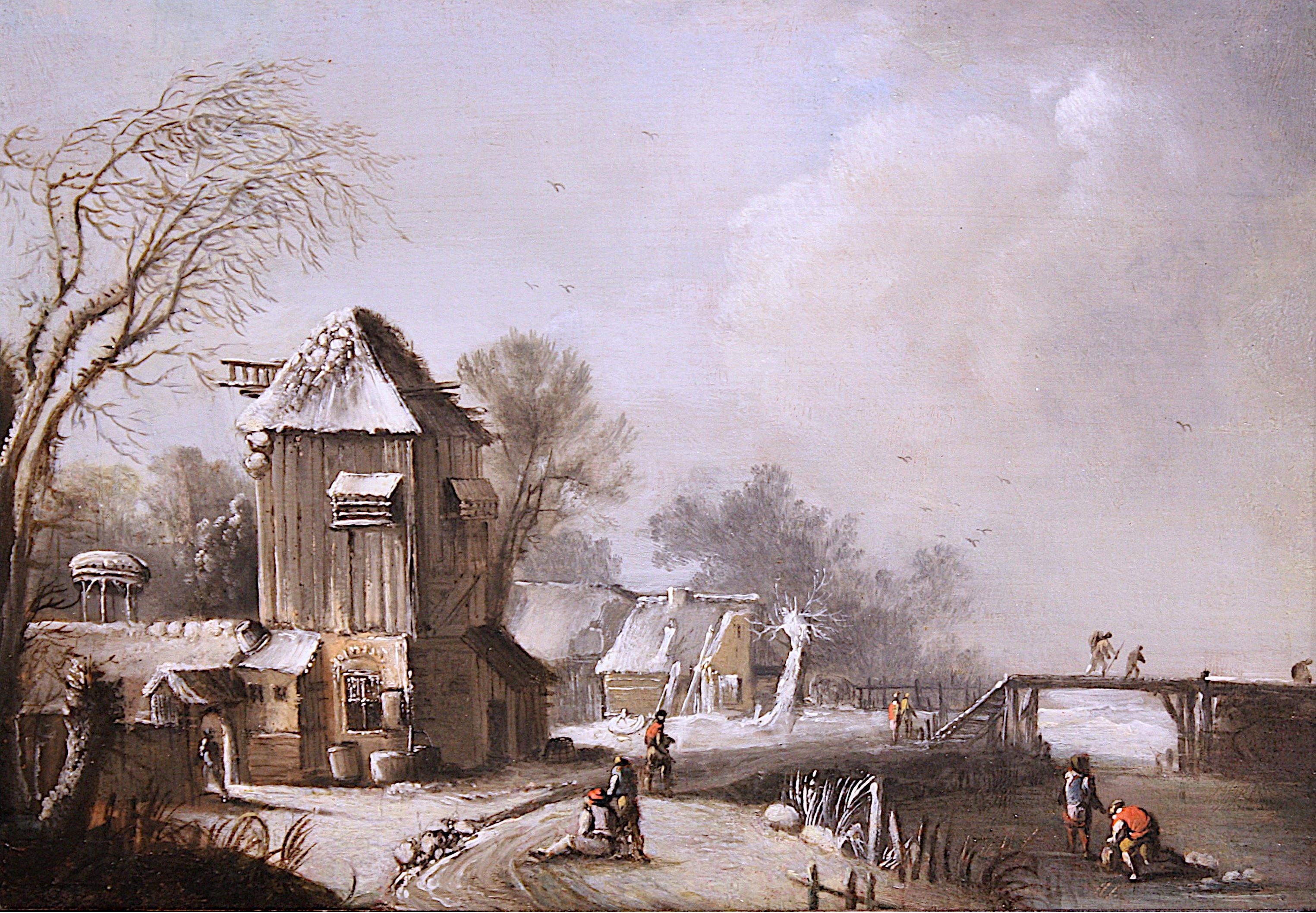 17th c. Dutch school, Winter Landscape at the farm, oil on panel - Painting by Klaes Molenaer