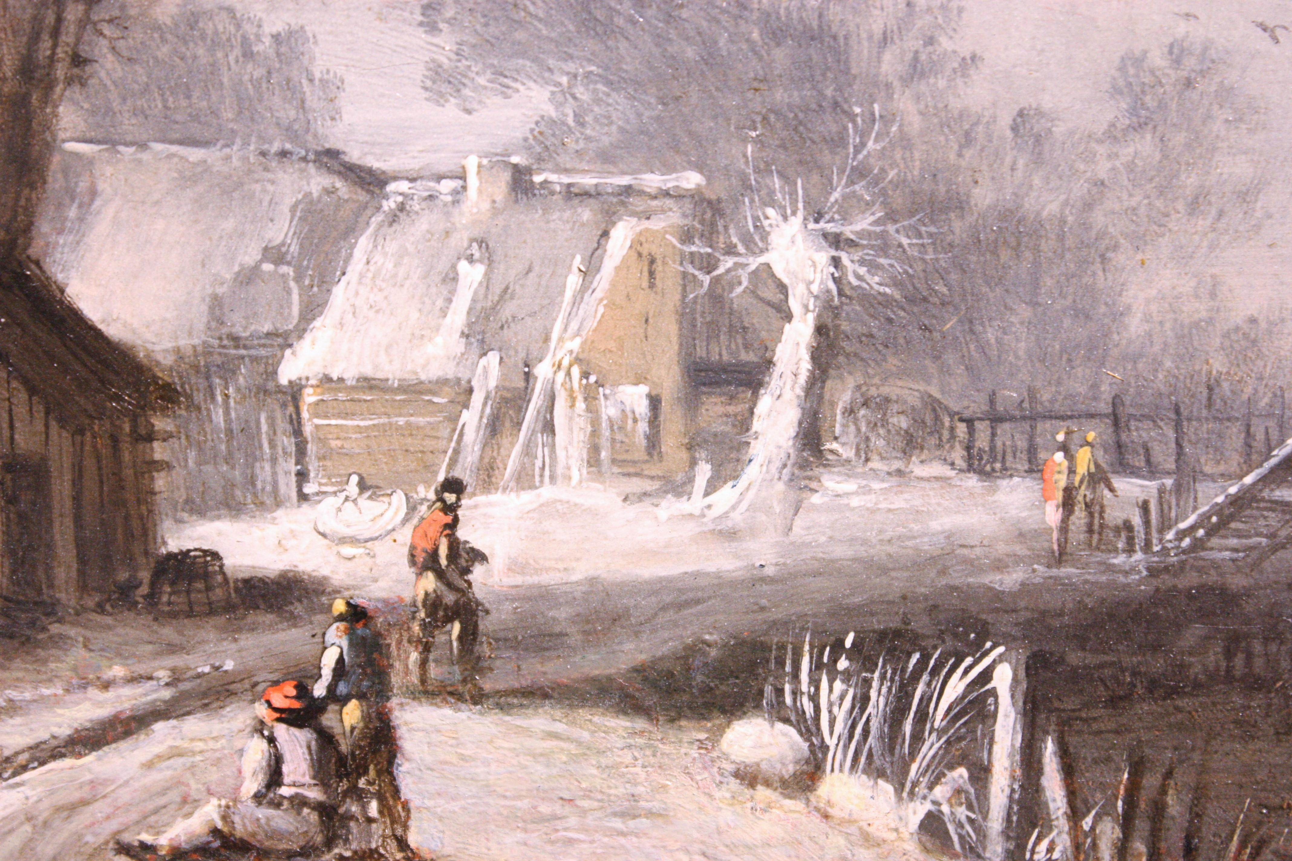 Winter Landscape at the farm, Circle of Klaes Molenaer, 17th Century
The composition of our work is divided into two distinct parts, to the left the farmhouse with snow-covered thatched roofs is separated by a cleared path, and to the right the