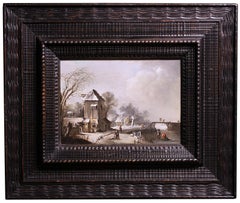Antique 17th c. Dutch school, Winter Landscape at the farm, oil on panel