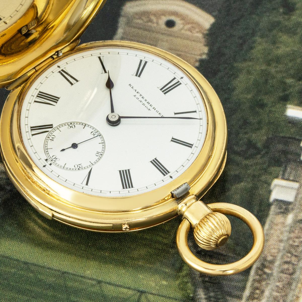 Klaftenberger. A Rare Miniature 18ct Gold Hunter Quarter Repeater Antique Pocket Watch C1871.

Dial: The perfect white enamel dial fully signed Klaftenberger London, with Roman numerals outer minute track and subsidiary seconds dial at six o'clock.