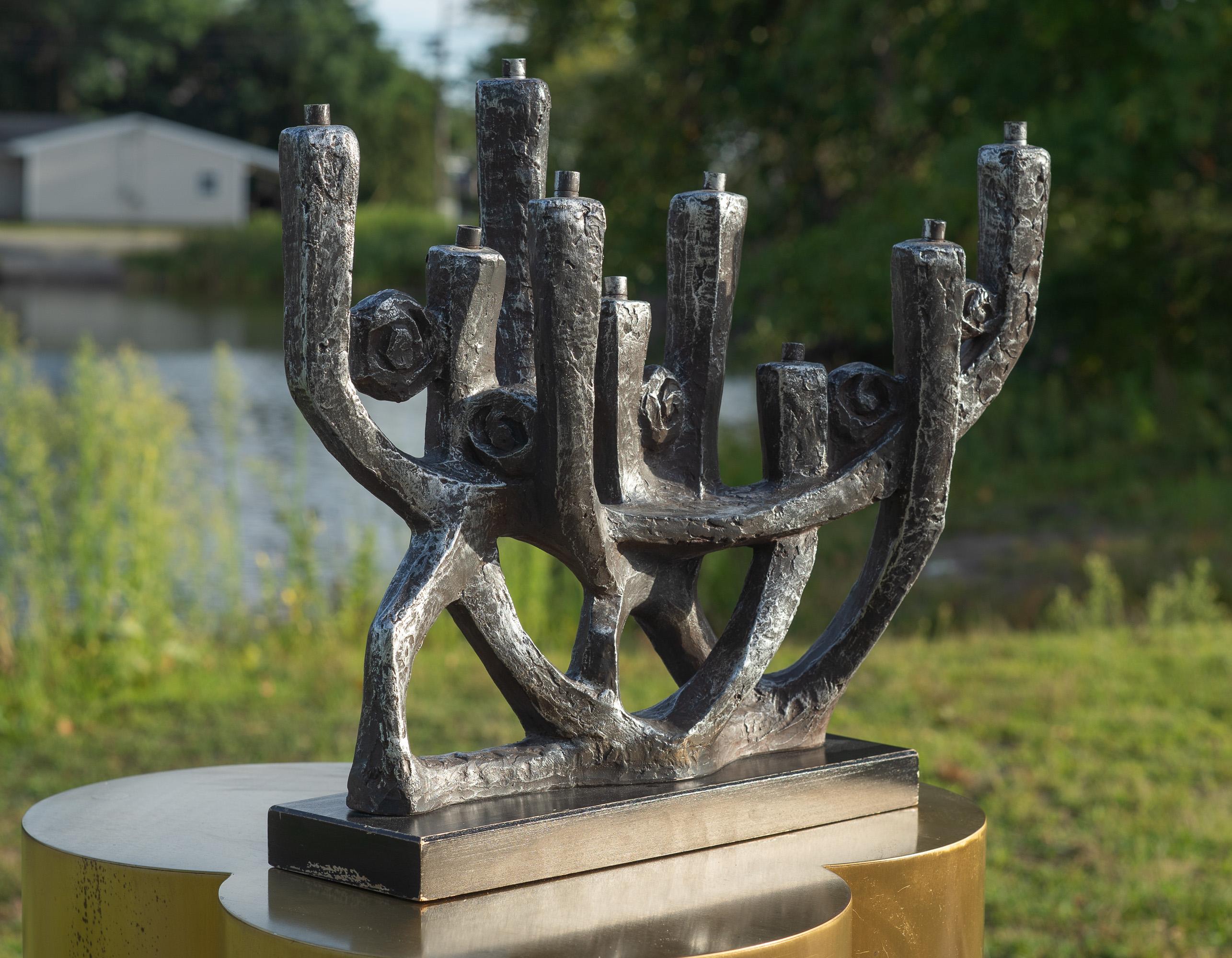 Mid-Century Modern Klara Sever for Austin Productions Gunmetal Plaster on Black Base Menorah For Sale
