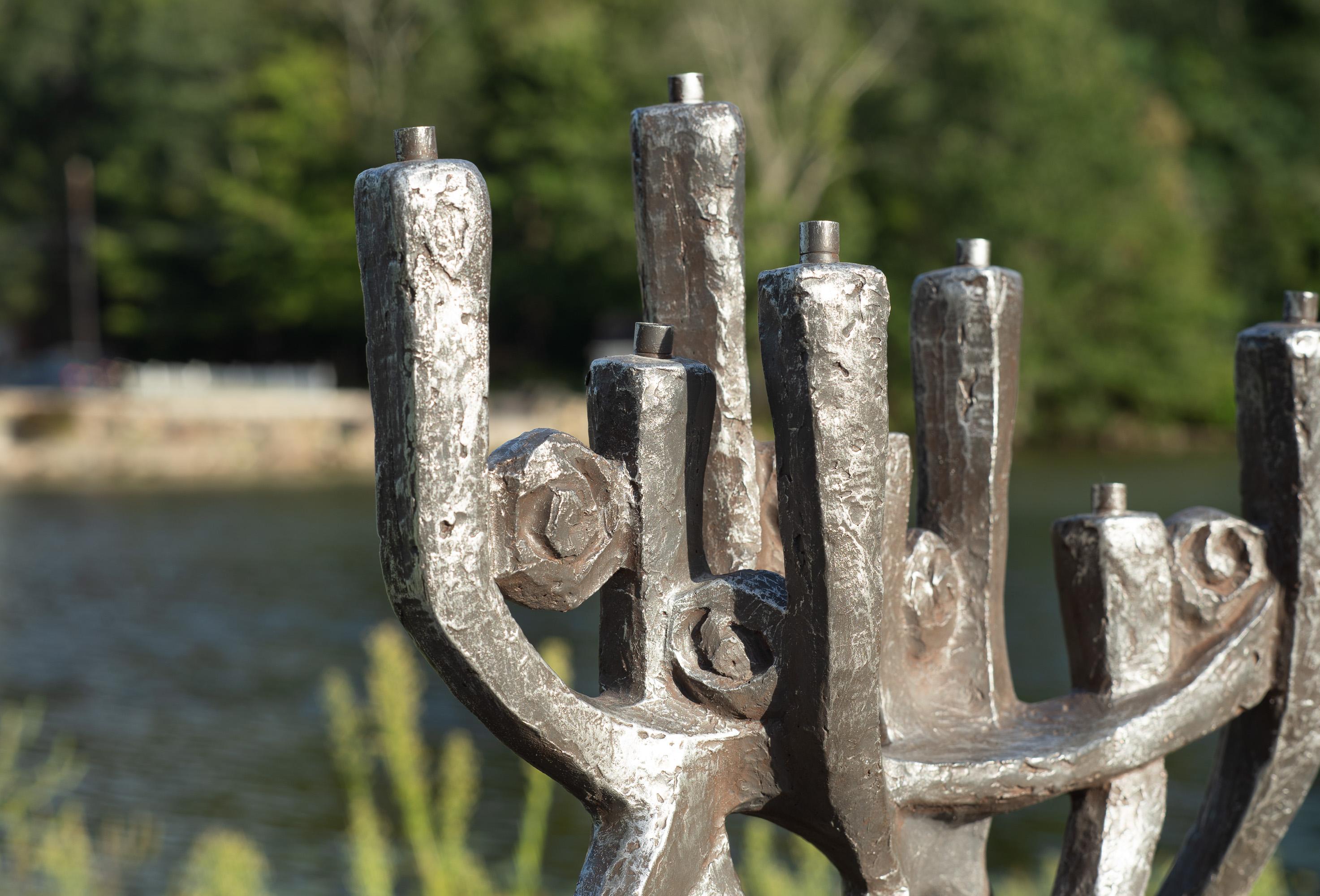 Painted Klara Sever for Austin Productions Gunmetal Plaster on Black Base Menorah For Sale