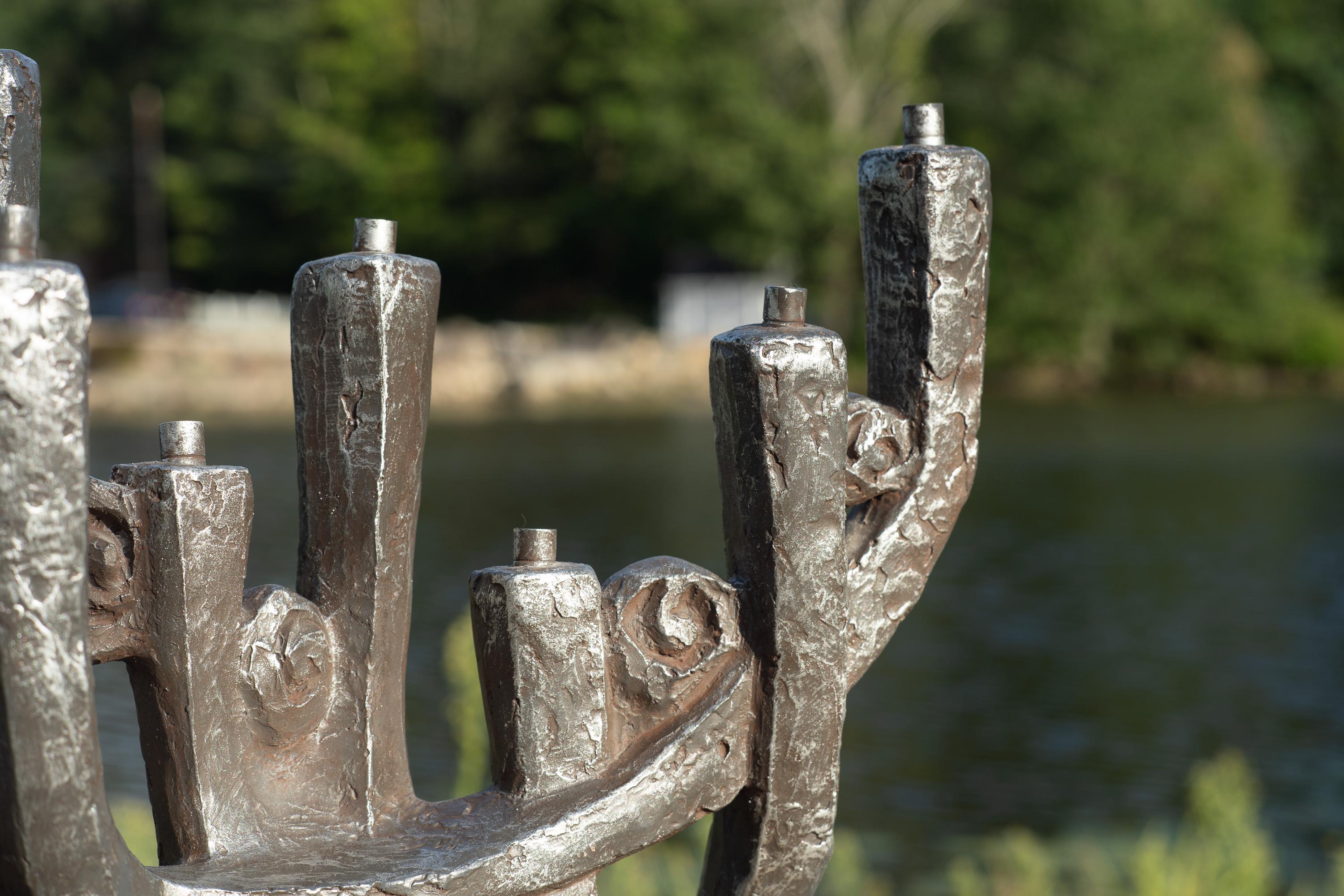 Klara Sever for Austin Productions Gunmetal Plaster on Black Base Menorah In Good Condition For Sale In Philadelphia, PA