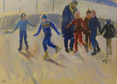 Vintage " Ice-skating " Skating, Children, Blue, White, Impressionism , Oil cm. 46 x 32