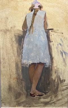 "Fille dans une robe bleue" Huile cm. 39 x 62 1960ca
