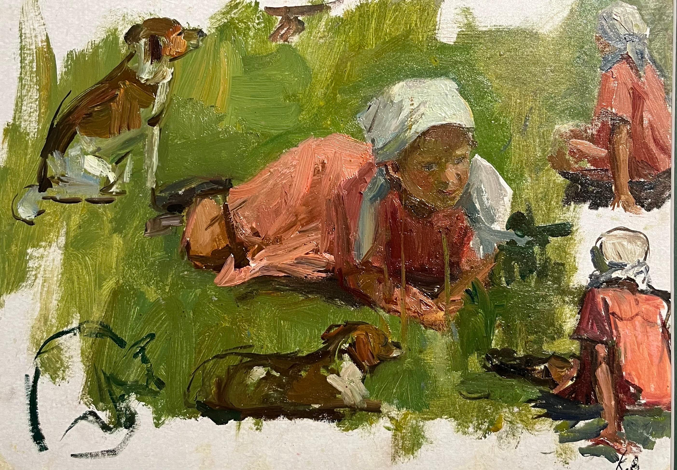 „ Kleines Mädchen mit Hund“, Öl, cm.35 x 25  1950 – Painting von Klara Vlassova 