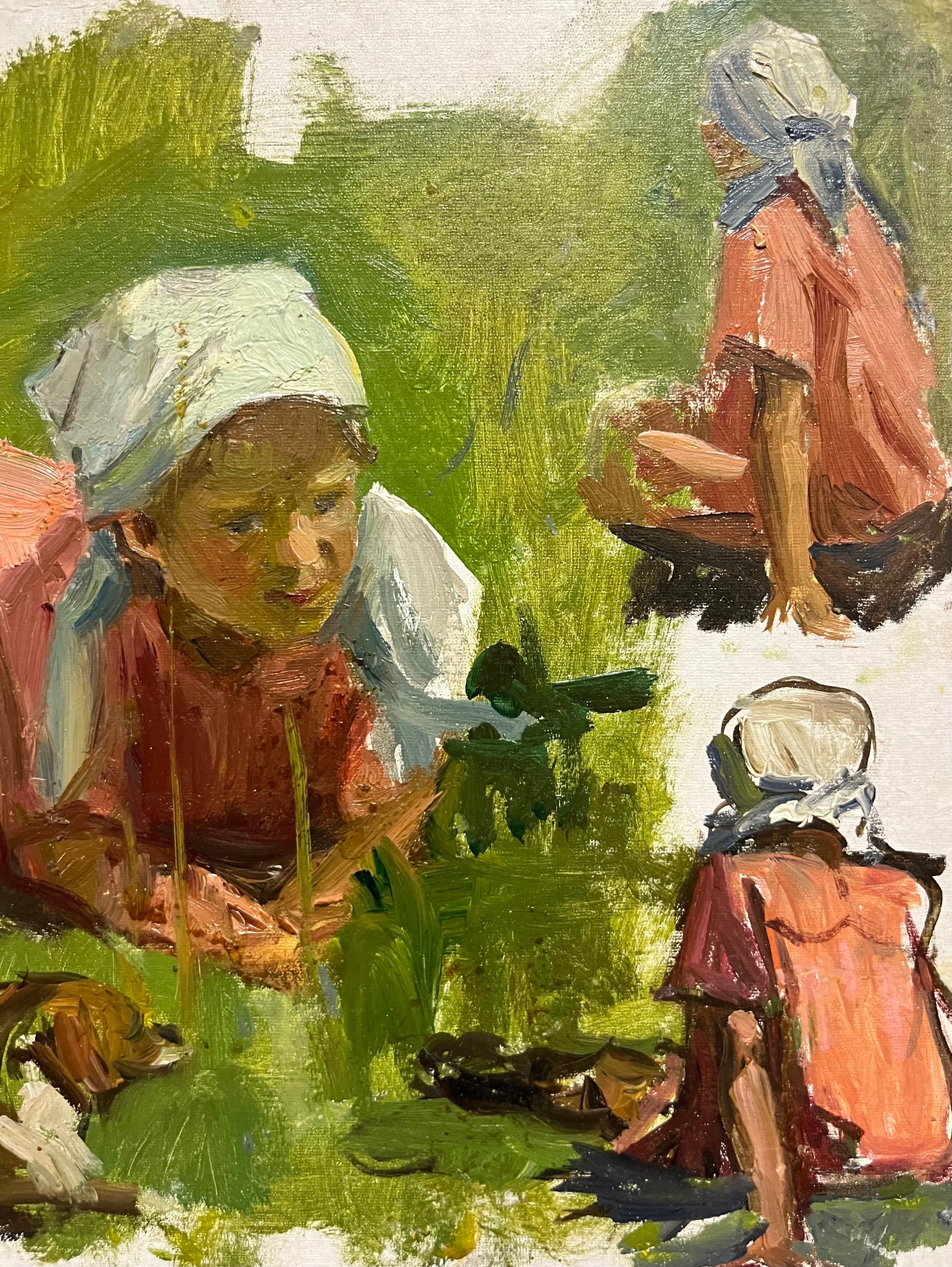 « Petite fille avec chien », huile, cm.35 x 25  1950 - Impressionnisme Painting par Klara Vlassova 