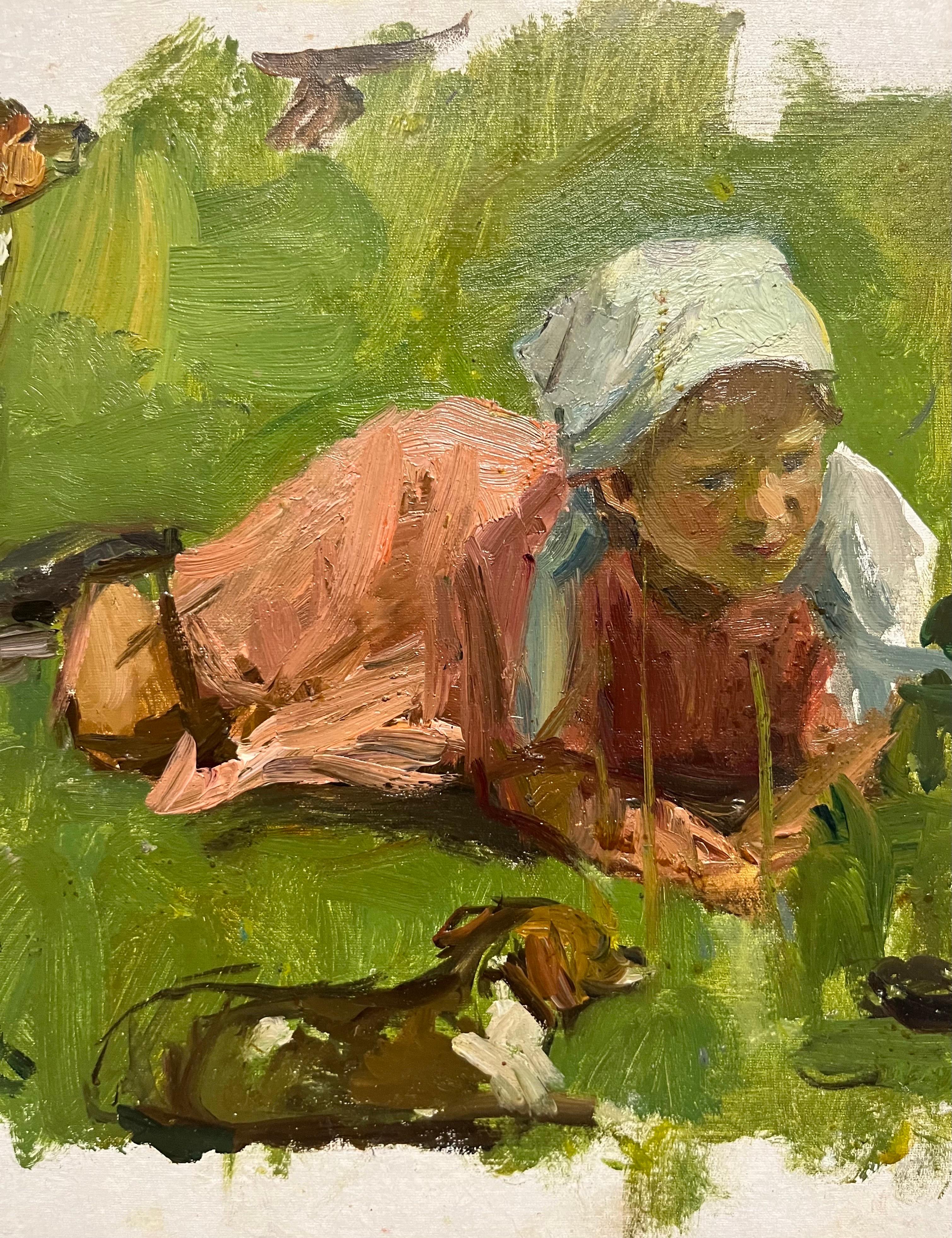 „ Kleines Mädchen mit Hund“, Öl, cm.35 x 25  1950 im Angebot 3