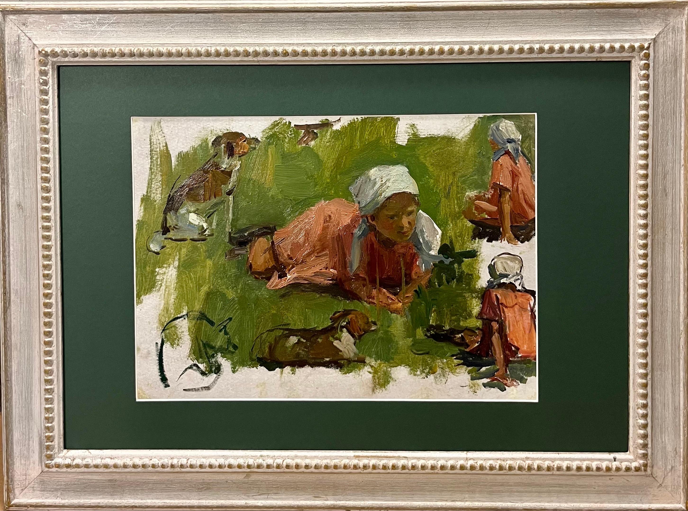 Figurative Painting Klara Vlassova  - « Petite fille avec chien », huile, cm.35 x 25  1950