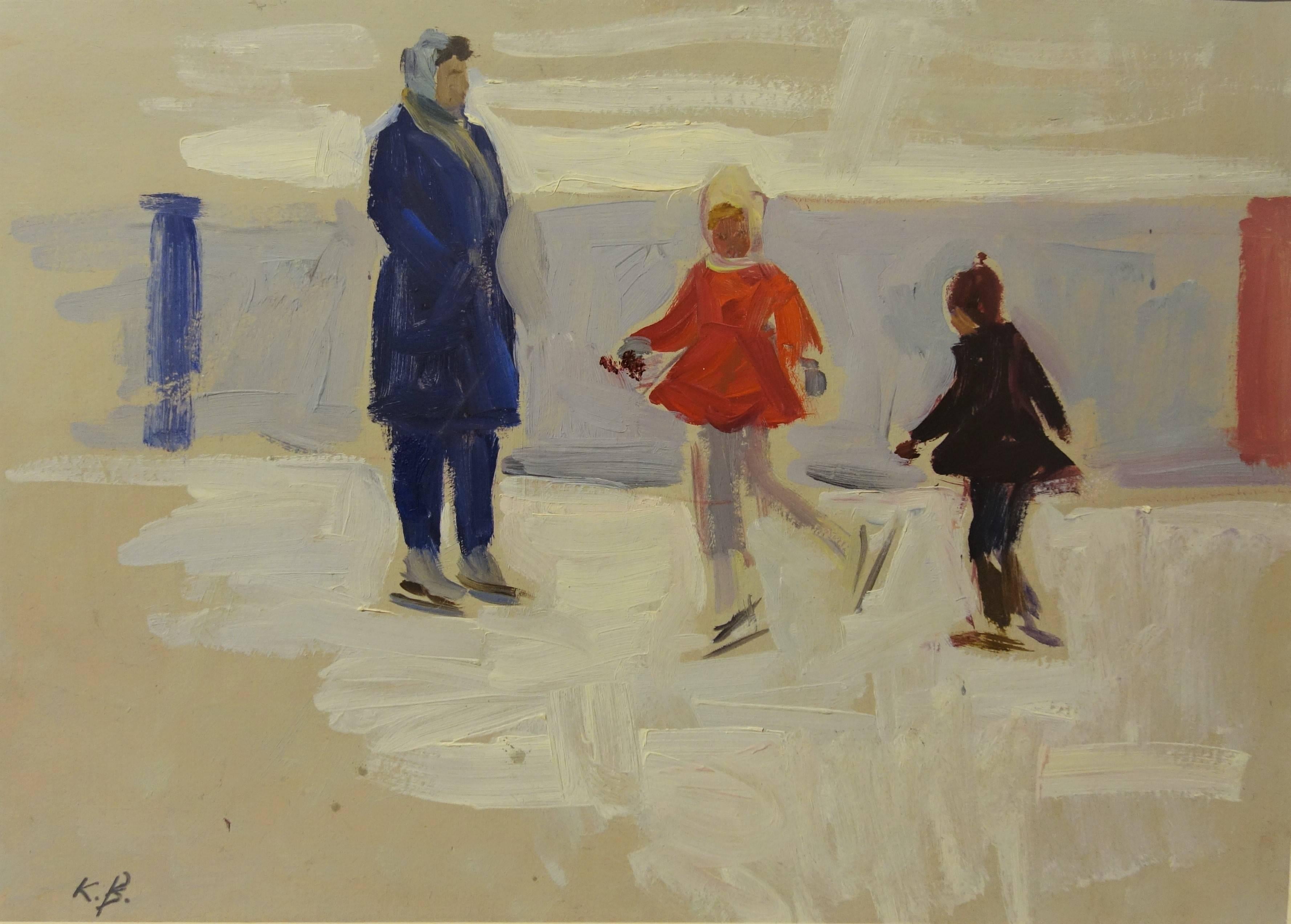 Klara Vlassova  Figurative Painting - "Skaters " Oil cm. 47 x 33  1950 