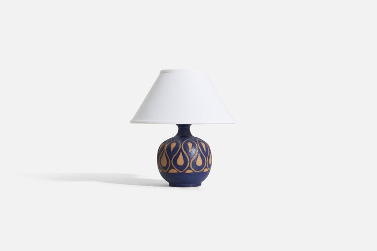 Mid-Century Modern Klase Höganäs, Blue Table Lamp, Glazed Stoneware, Sweden, 1960s For Sale