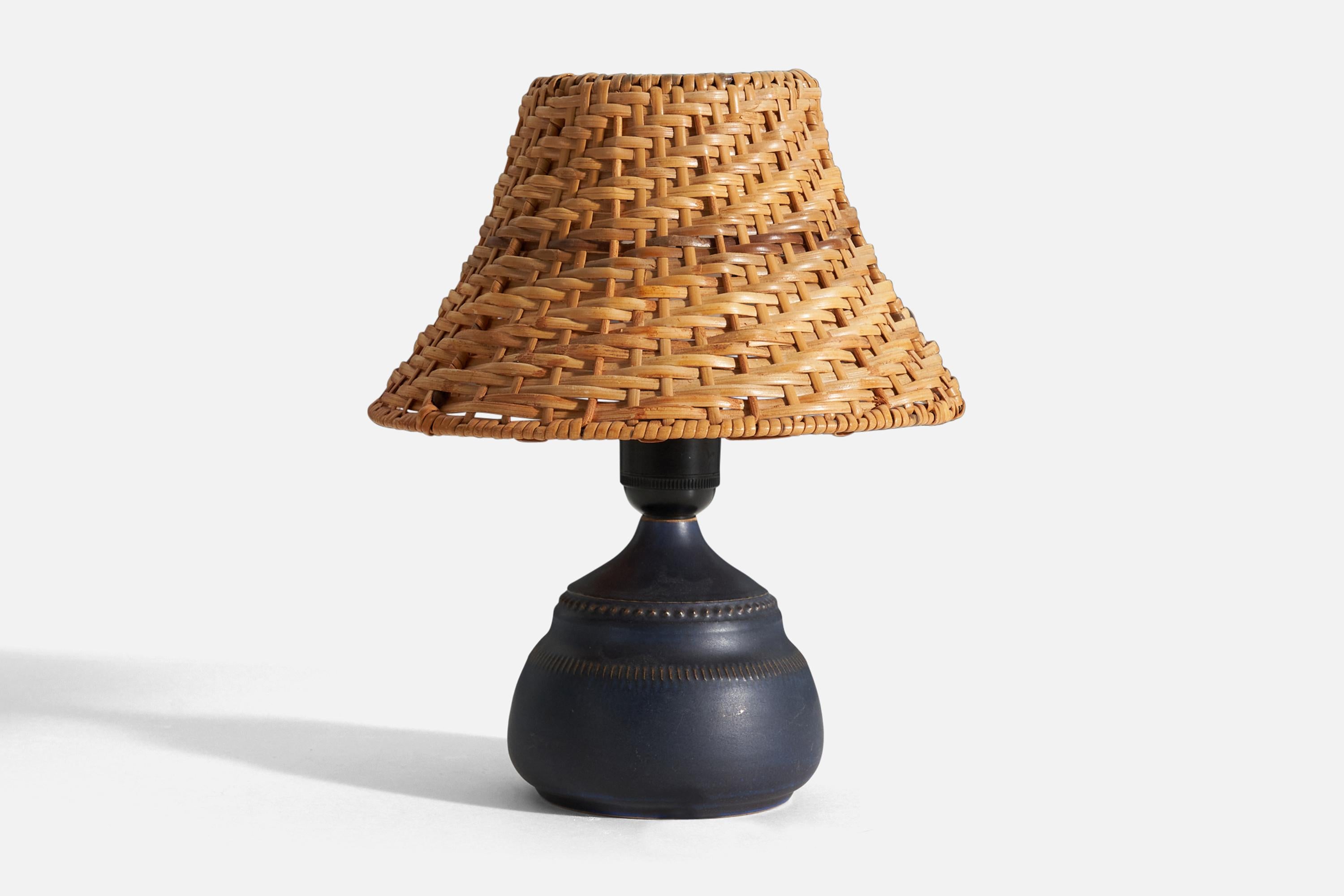 Swedish Klase Höganäs, Table Lamp, Blue Glazed Stoneware, Rattan, Sweden, 1950s For Sale