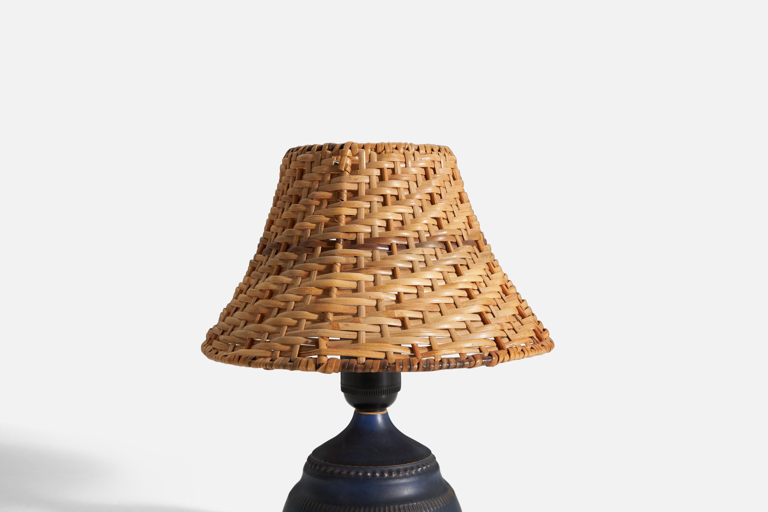 Mid-20th Century Klase Höganäs, Table Lamp, Blue Glazed Stoneware, Rattan, Sweden, 1950s For Sale