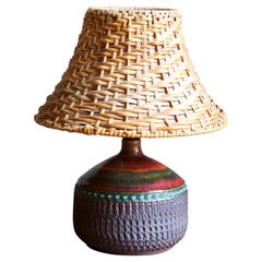 Klase Höganäs, Table Lamp, Glazed Stoneware, Rattan, Sweden, 1950s