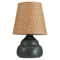 Vintage Klase Höganäs, Table Lamp, Green-Glazed Stoneware, Rattan, Sweden, 1960s